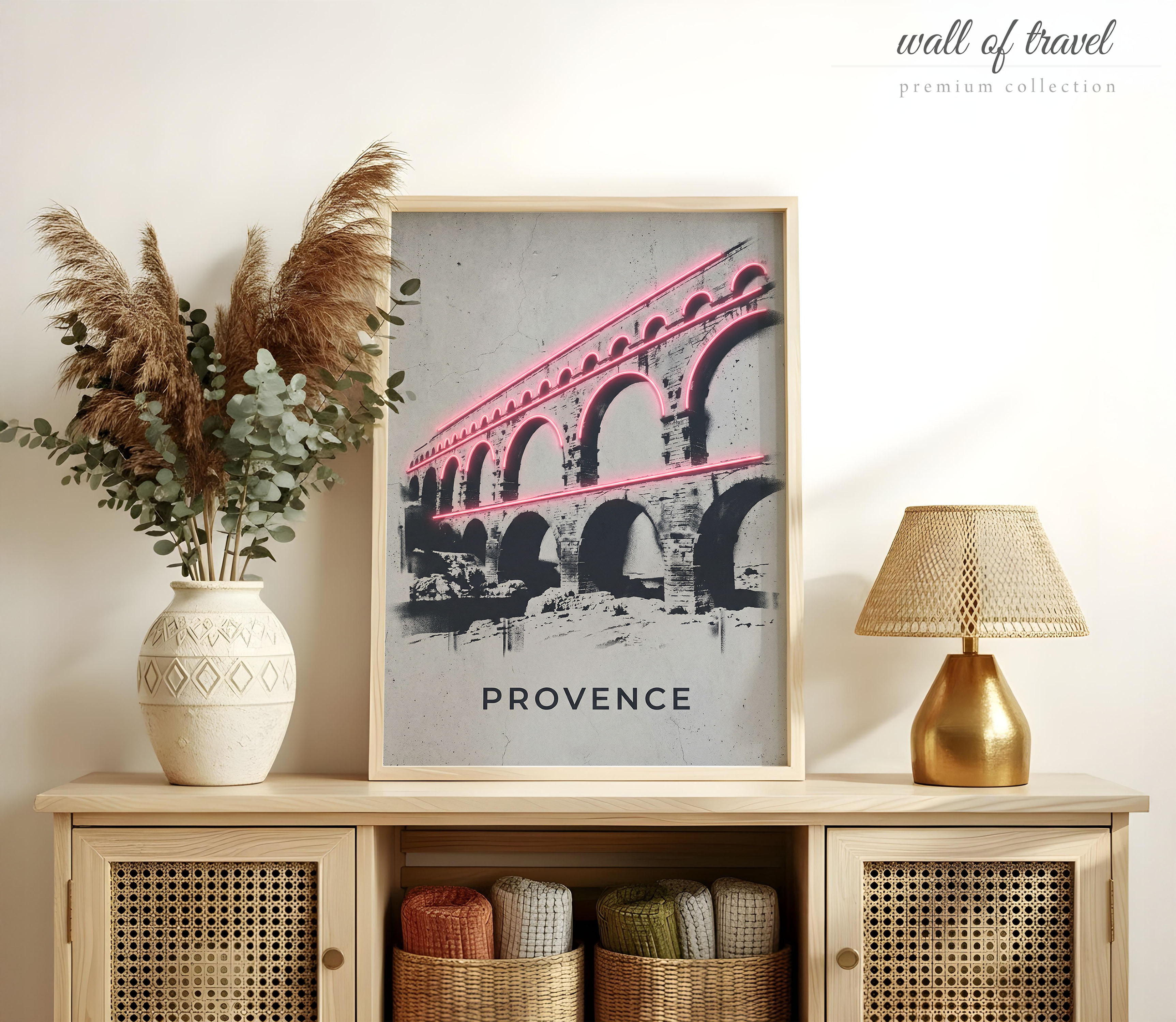 Provence France Pont du Gard Art, Canvas or Poster, Neon Paint Splash Decor, Living Room Entryway Vacation Home Wall Art, Pink Grey Black