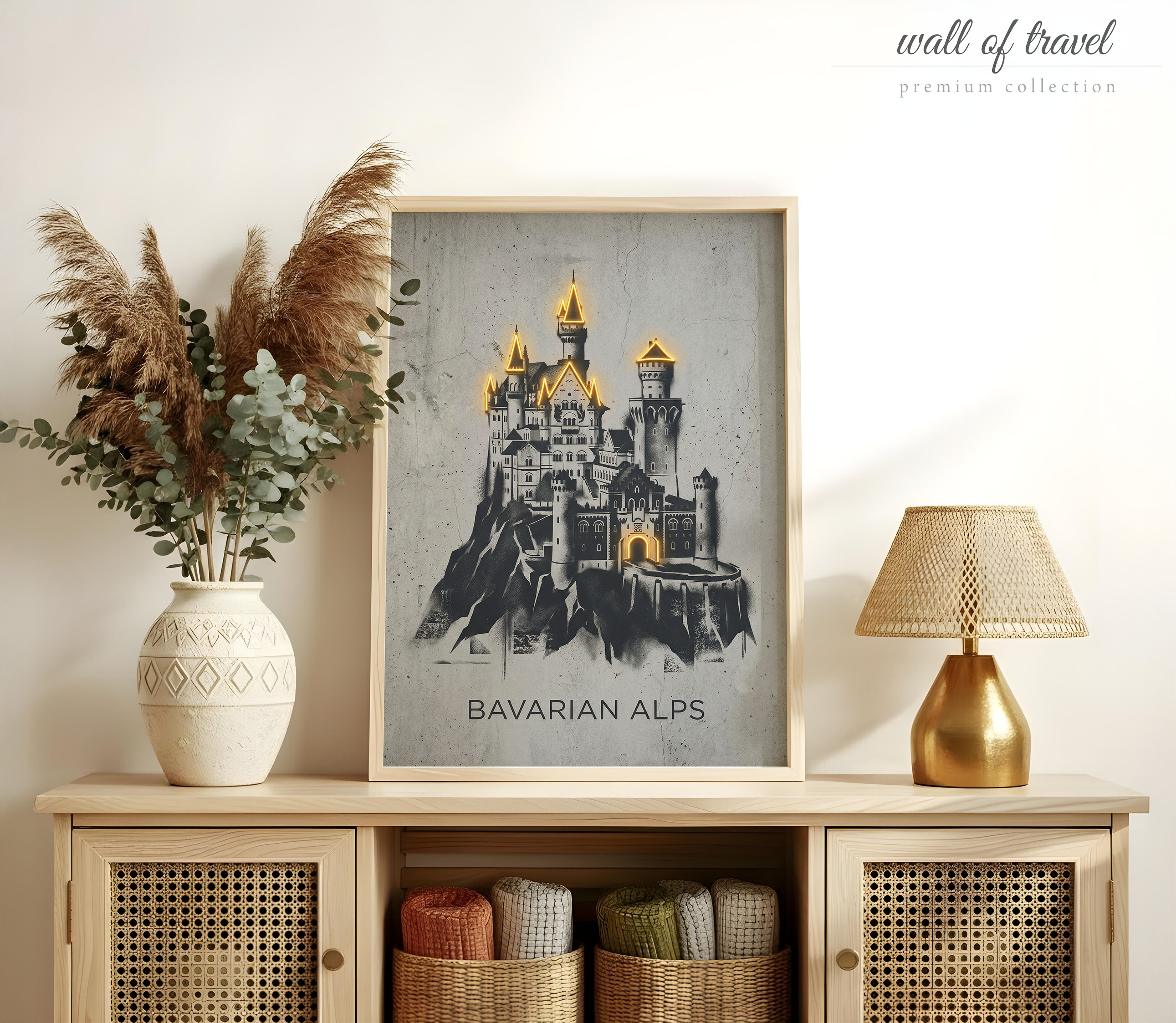 Bavarian Alps Germany Neuschwanstein Castle Art, Canvas or Poster, Graffiti Pop Art Decor, Living Room Office Entryway Wall Art, Grey Gold