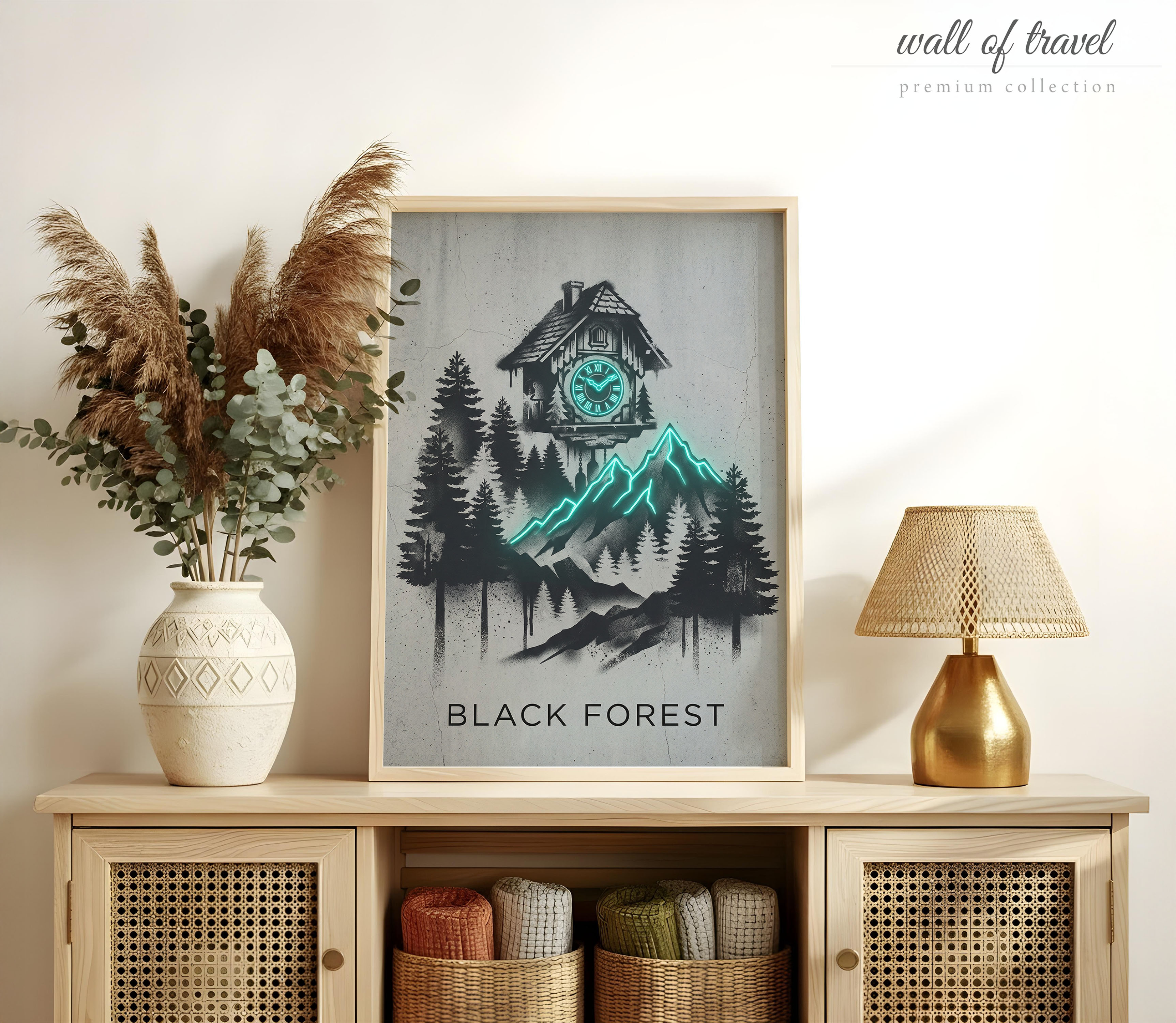 Black Forest Germany Cuckoo Clock Art, Canvas or Poster, Graffiti Pop Art Decor, Living Room Office Vacation Home Wall Art, Teal Black Grey