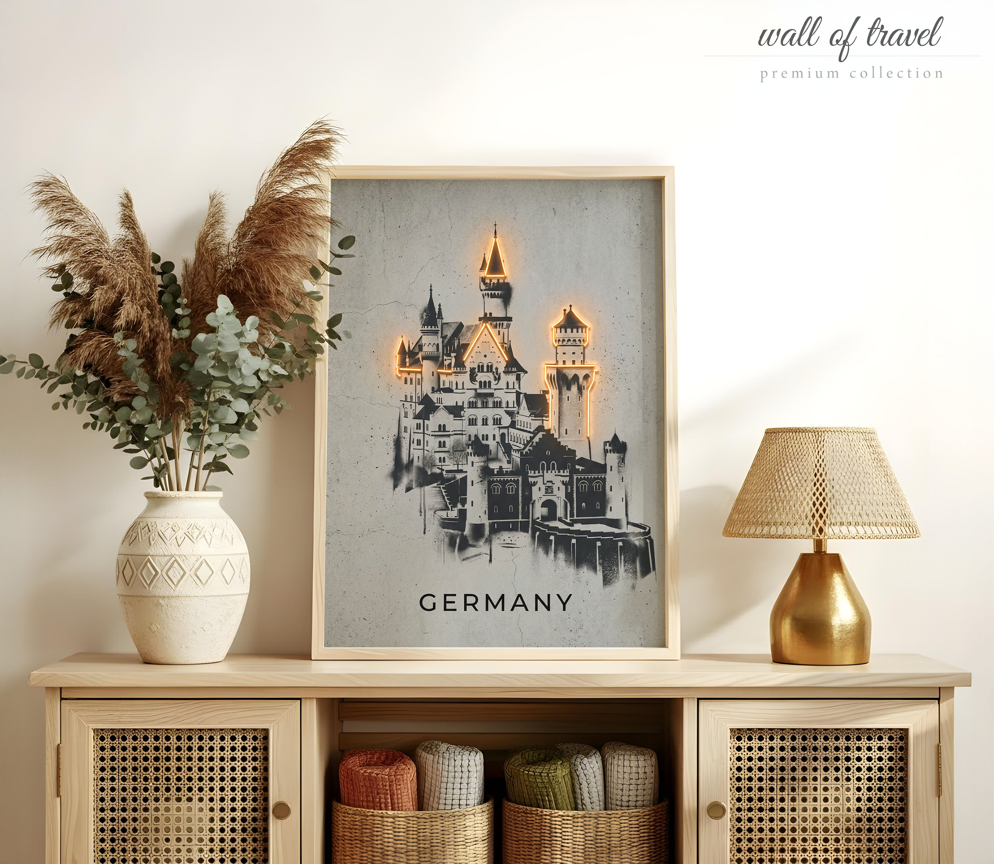 Bavaria Germany Neuschwanstein Castle Art, Canvas or Poster, Neon Paint Splash Decor, Living Room Entryway Vacation Home Wall Art, Grey