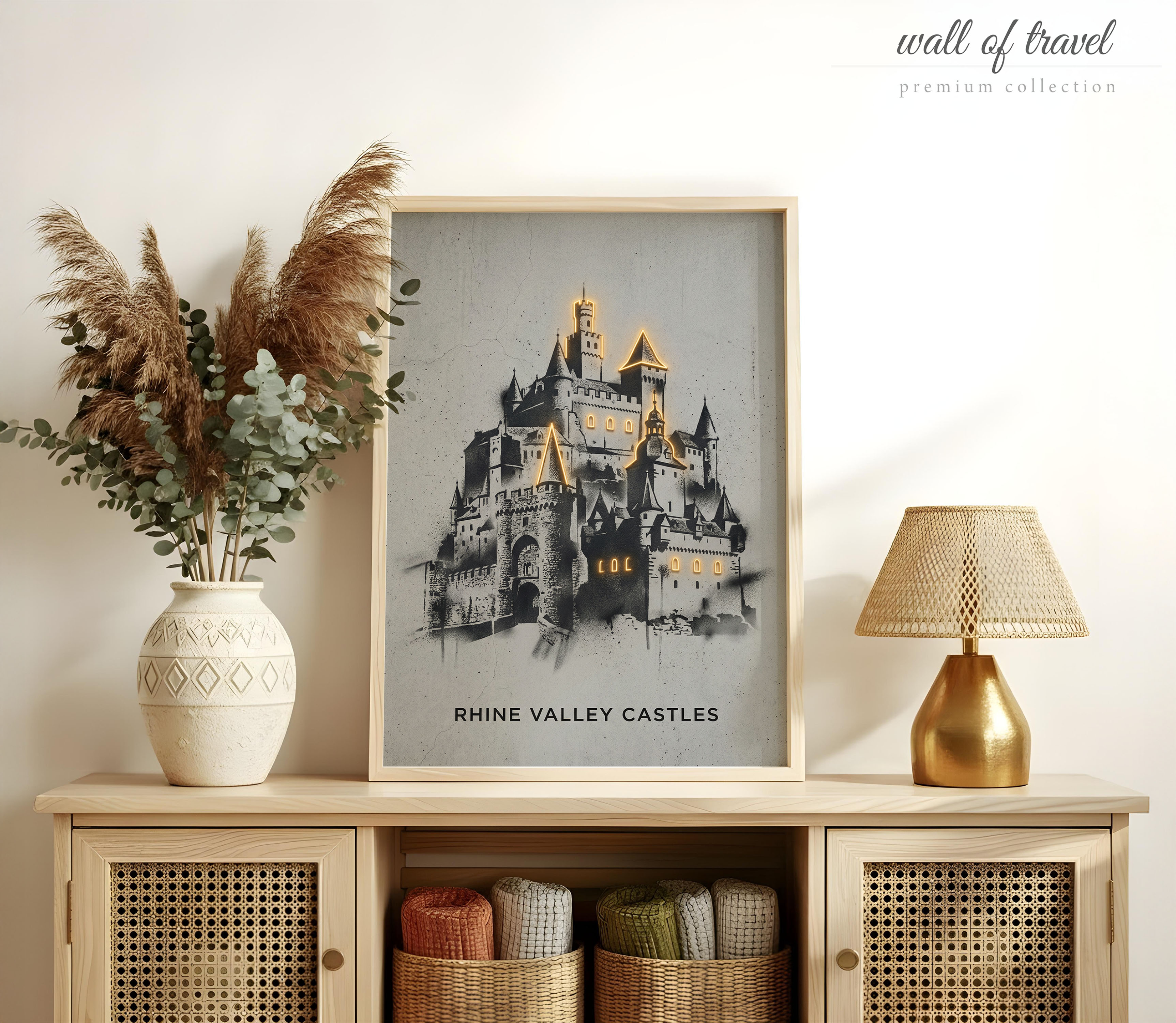 Rhine Valley Germany Rhine Valley Castles Art, Canvas or Poster, Graffiti Pop Art Decor, Living Room Office Den Wall Art, Black White Gold