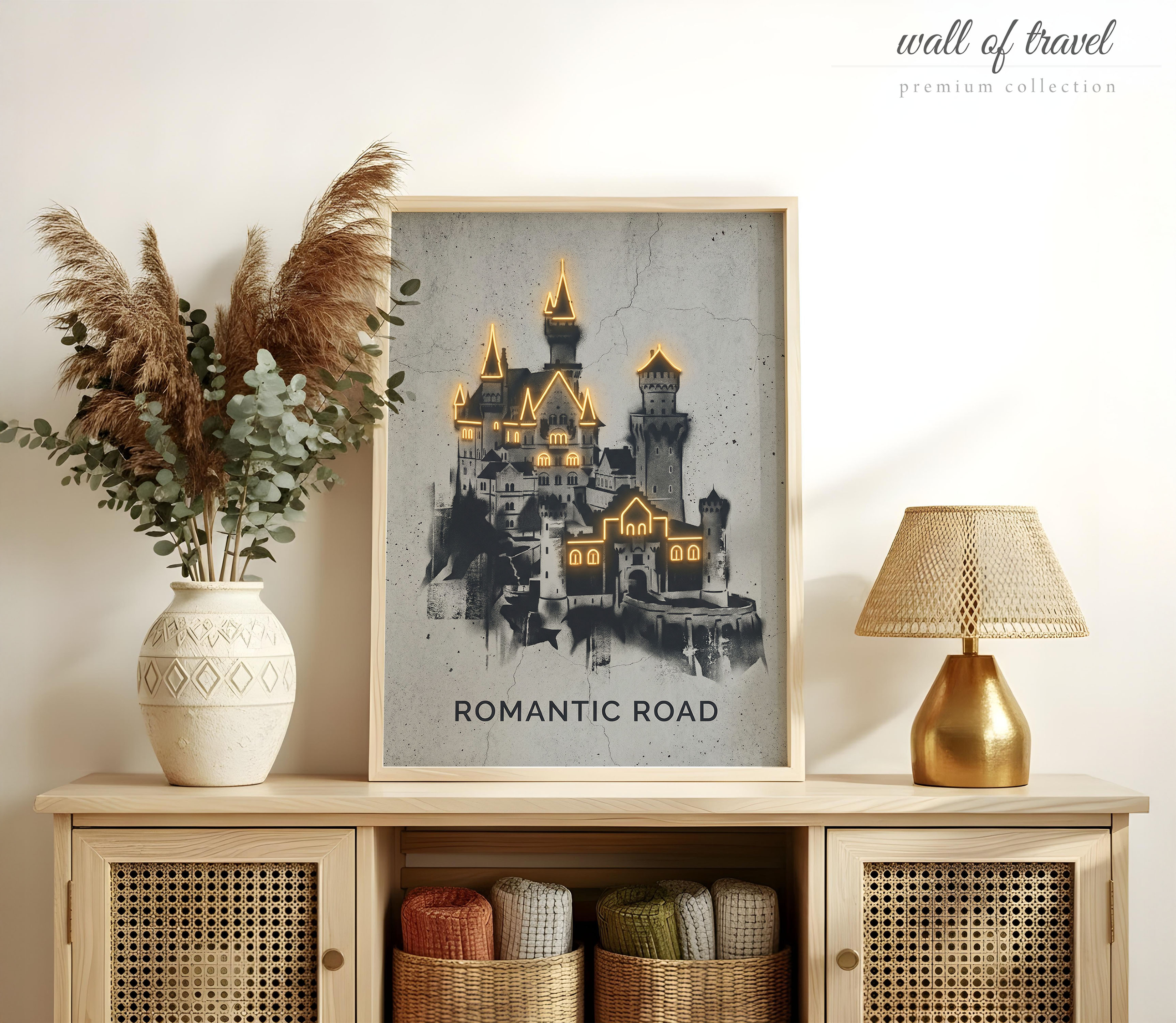 Füssen Bavaria Neuschwanstein Castle Art, Canvas or Poster, Graffiti Pop Art Decor, Living Room Home Bar Game Room Wall Art, Gold Black Grey