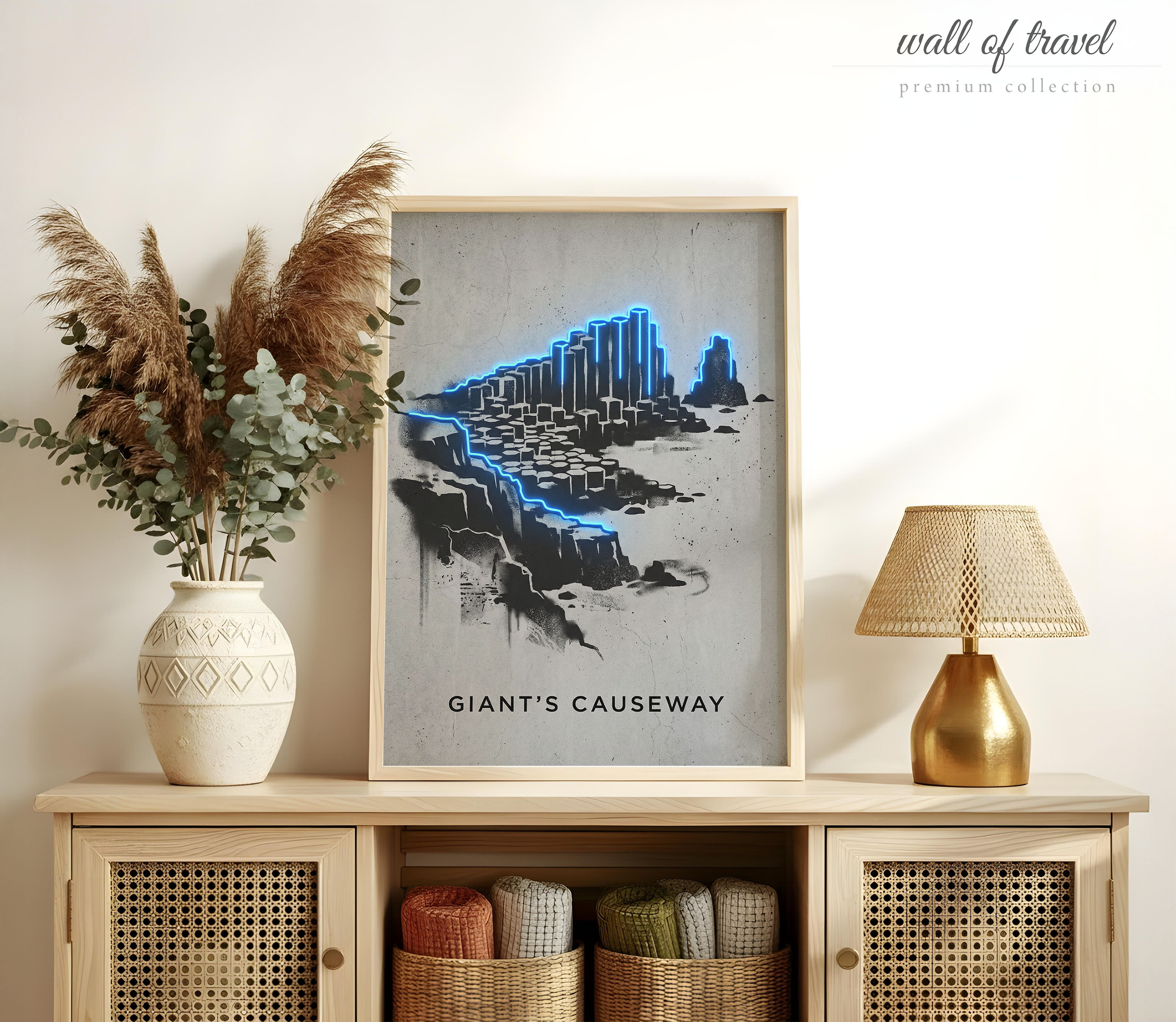 Northern Ireland UK Giant's Causeway Art, Canvas or Poster, Neon Paint Splash Decor, Living Room Entryway Home Bar Wall Art, Blue Black Grey