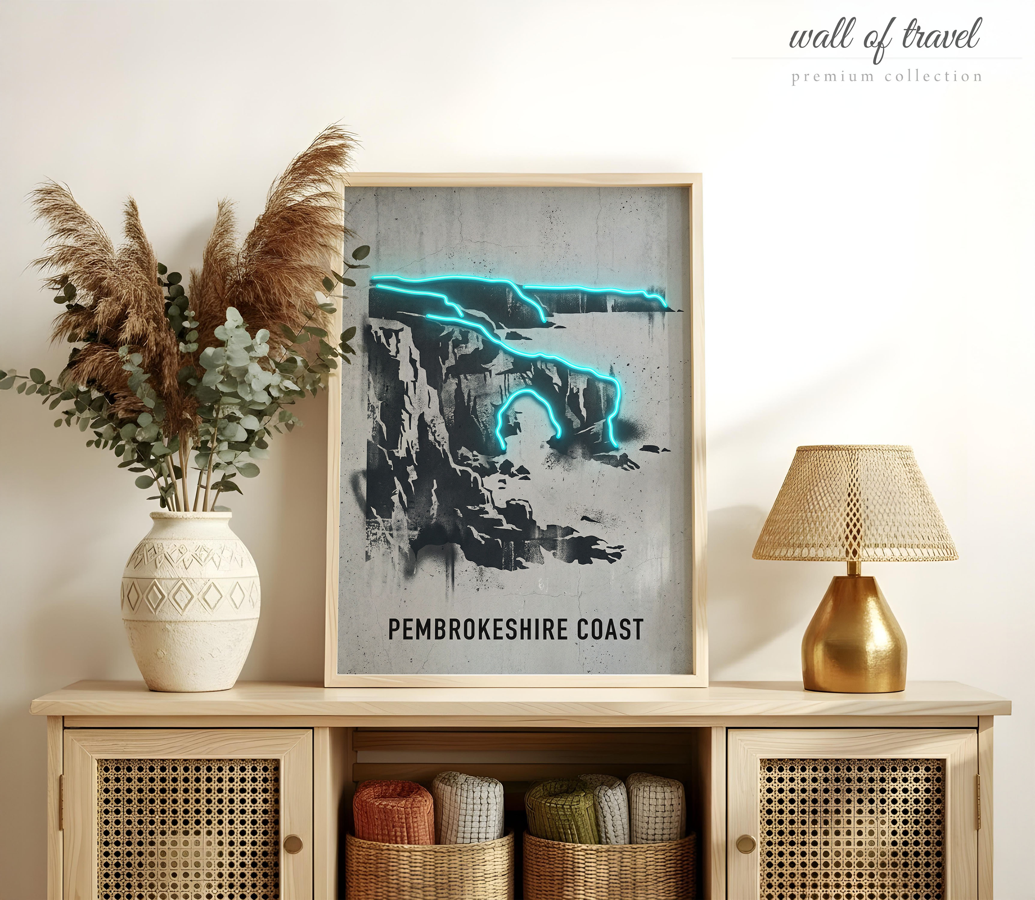 Pembrokeshire Coast Wales Coastal Cliffs Art, Canvas or Poster, Neon Paint Splash Decor, Living Room Entryway Vacation Home Wall Art, Teal