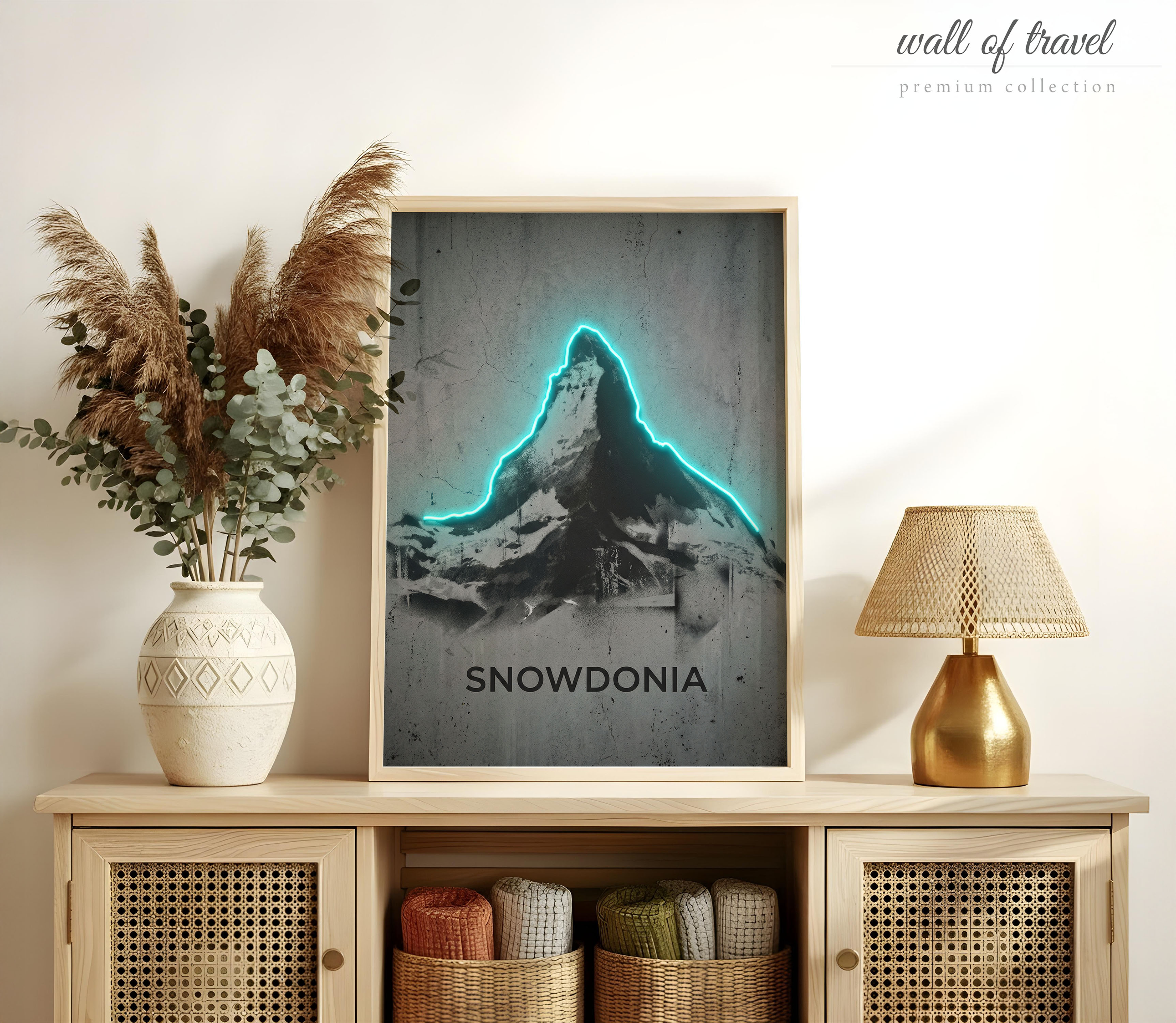 Snowdonia Wales Mount Snowdon Art, Canvas or Poster, Neon Paint Splash Decor, Living Room Office Studio Wall Art, Teal Black Grey White