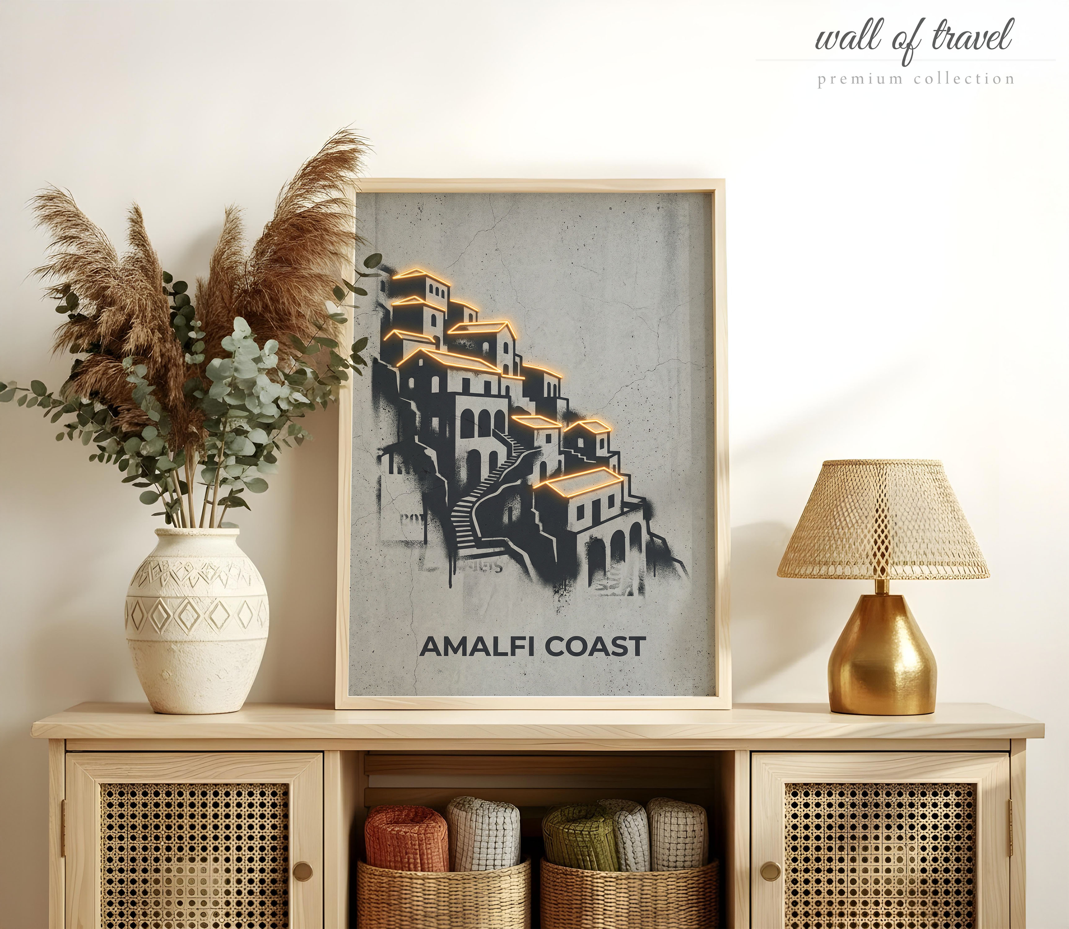 Amalfi Coast Italy Coastal Village Art, Canvas or Poster, Neon Paint Splash Decor, Living Room Bedroom Entryway Wall Art, Orange Black Grey