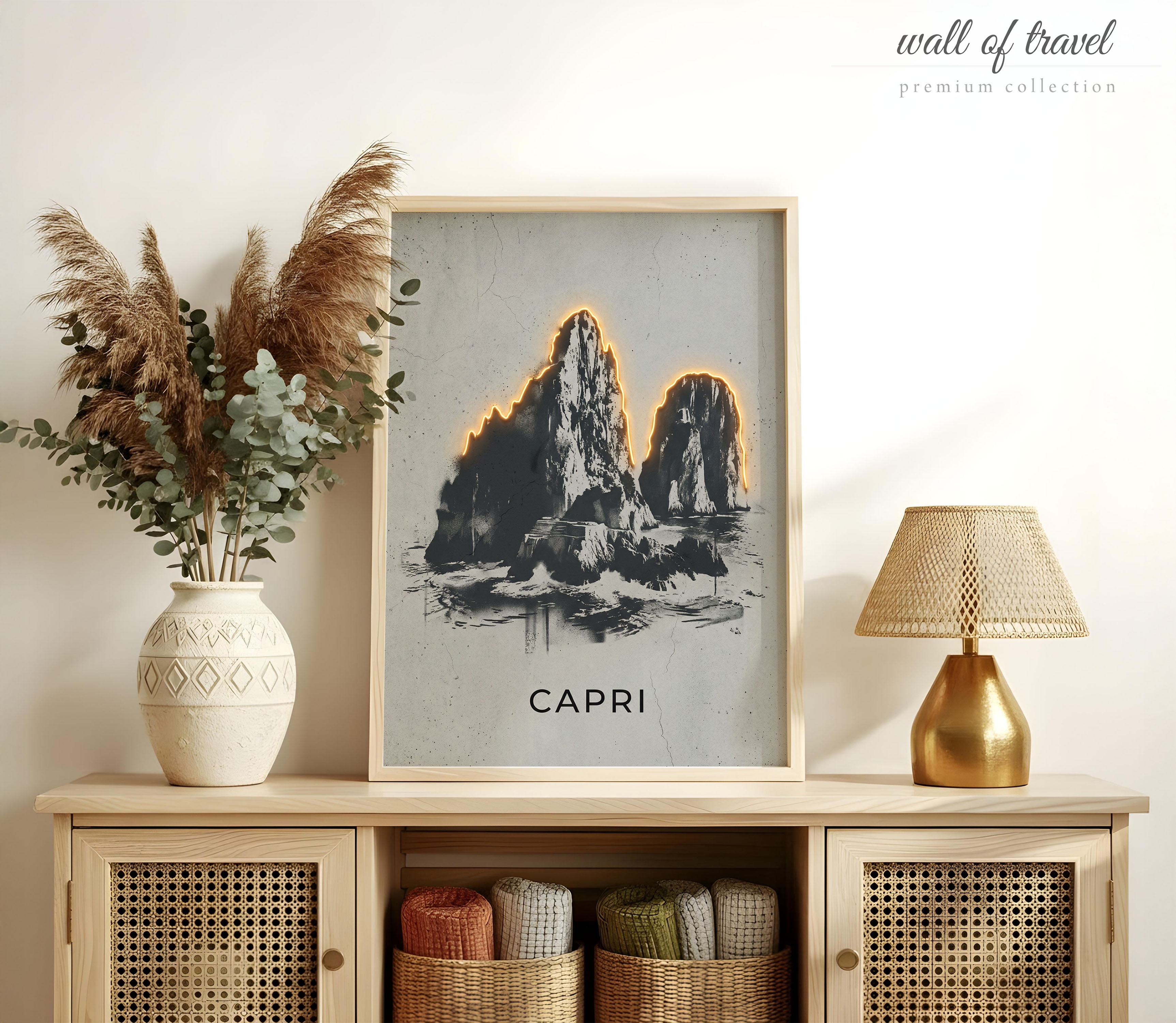 Capri Italy Faraglioni Rocks Art, Canvas or Poster, Neon Paint Splash Decor, Living Room Bedroom Entryway Wall Art, Black Orange White Grey
