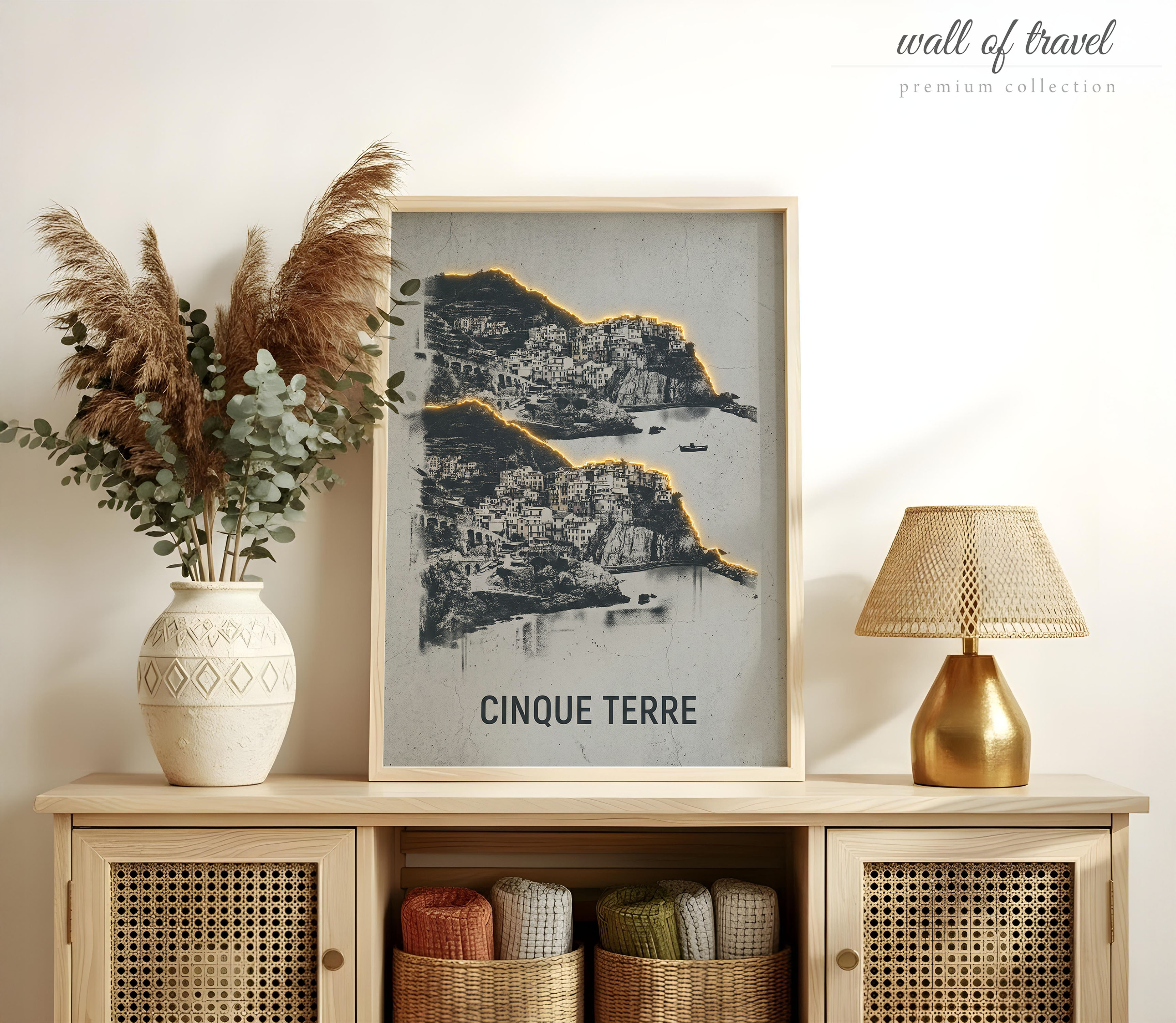 Cinque Terre Italy Manarola Art, Canvas or Poster, Neon Paint Splash Decor, Living Room Vacation Home Airbnb Wall Art, Black White Gold