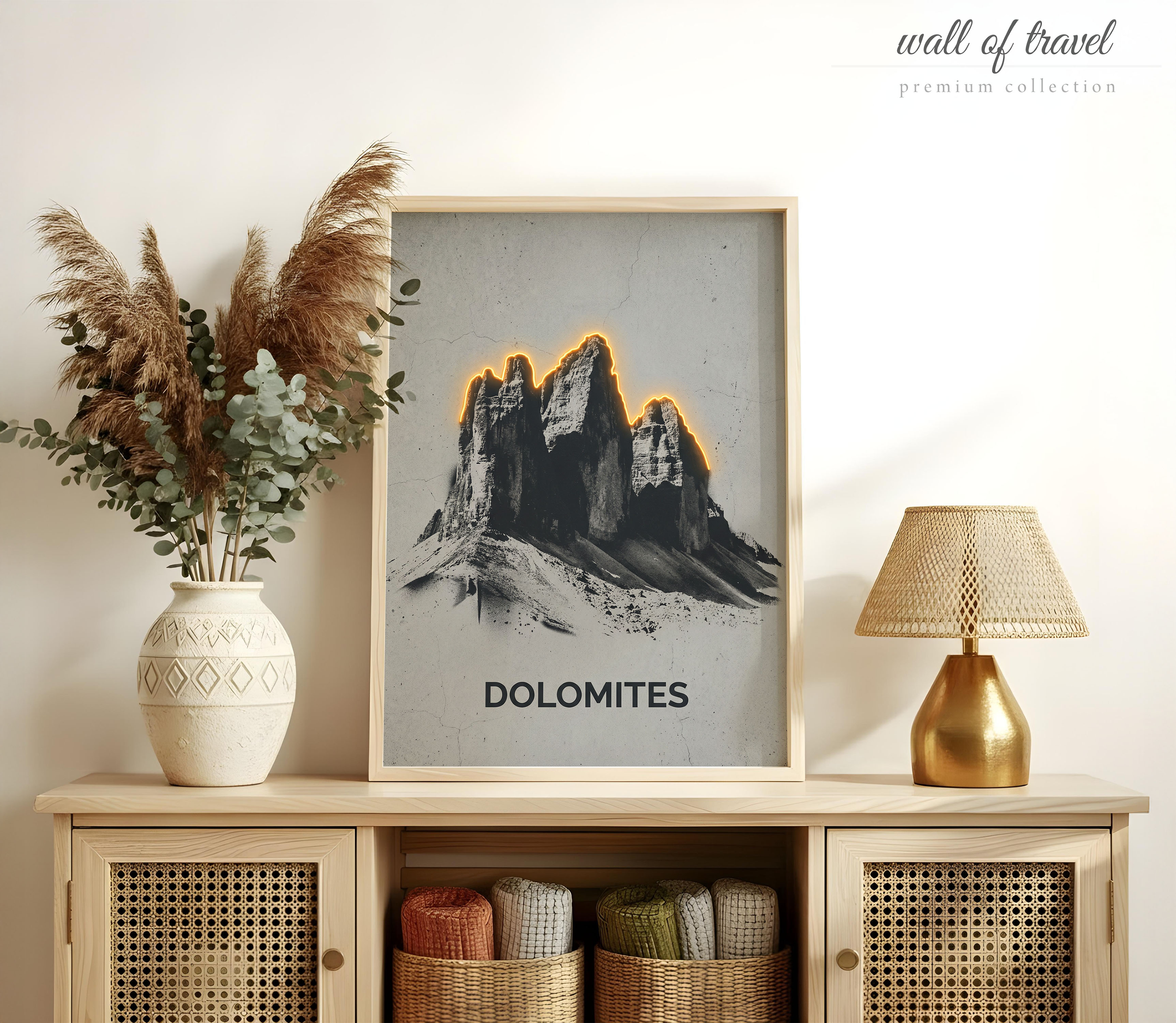 Dolomites Italy Tre Cime di Lavaredo Art, Canvas or Poster, Neon Paint Splash Decor, Living Room Bedroom Office Wall Art, Black Grey Orange