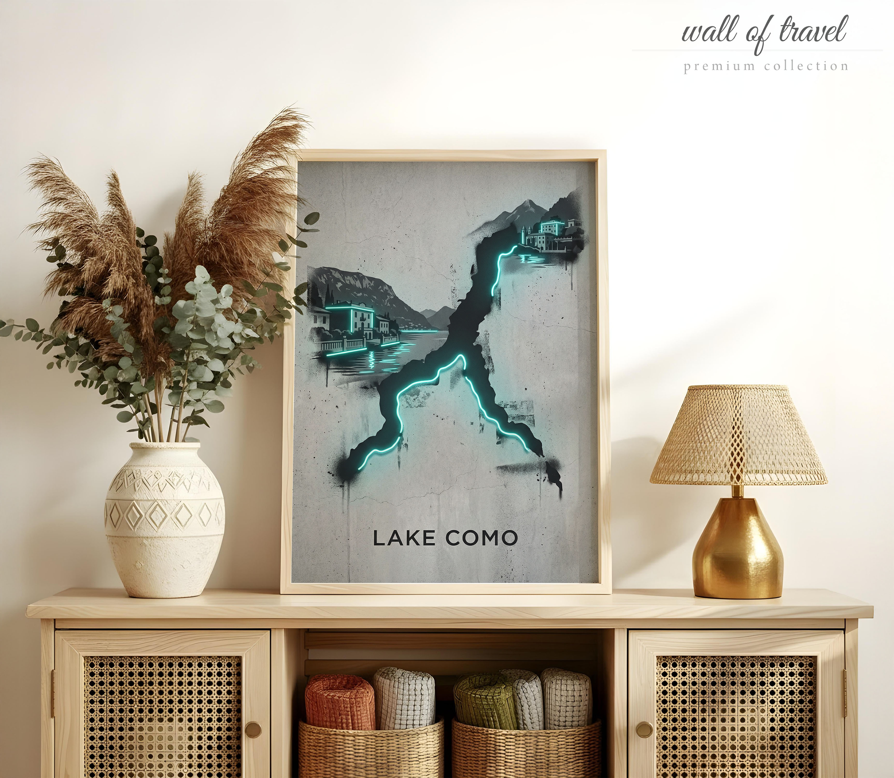 Lake Como Italy Como Coastline Art, Canvas or Poster, Street Art Banknote Decor, Living Room Vacation Home Entryway Wall Art, Teal Grey
