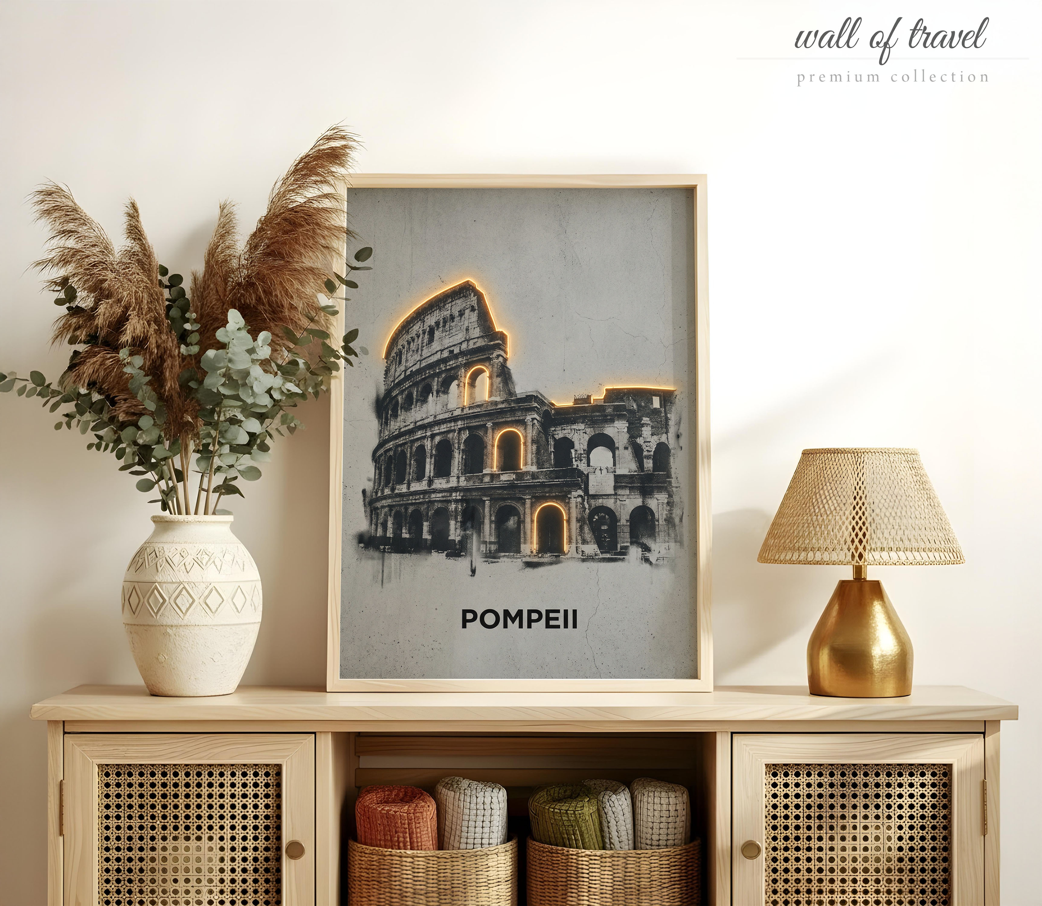 Pompeii Italy Amphitheater Art, Canvas or Poster, Neon Paint Splash Decor, Living Room Entryway Home Bar Wall Art, Black Orange Gold Grey