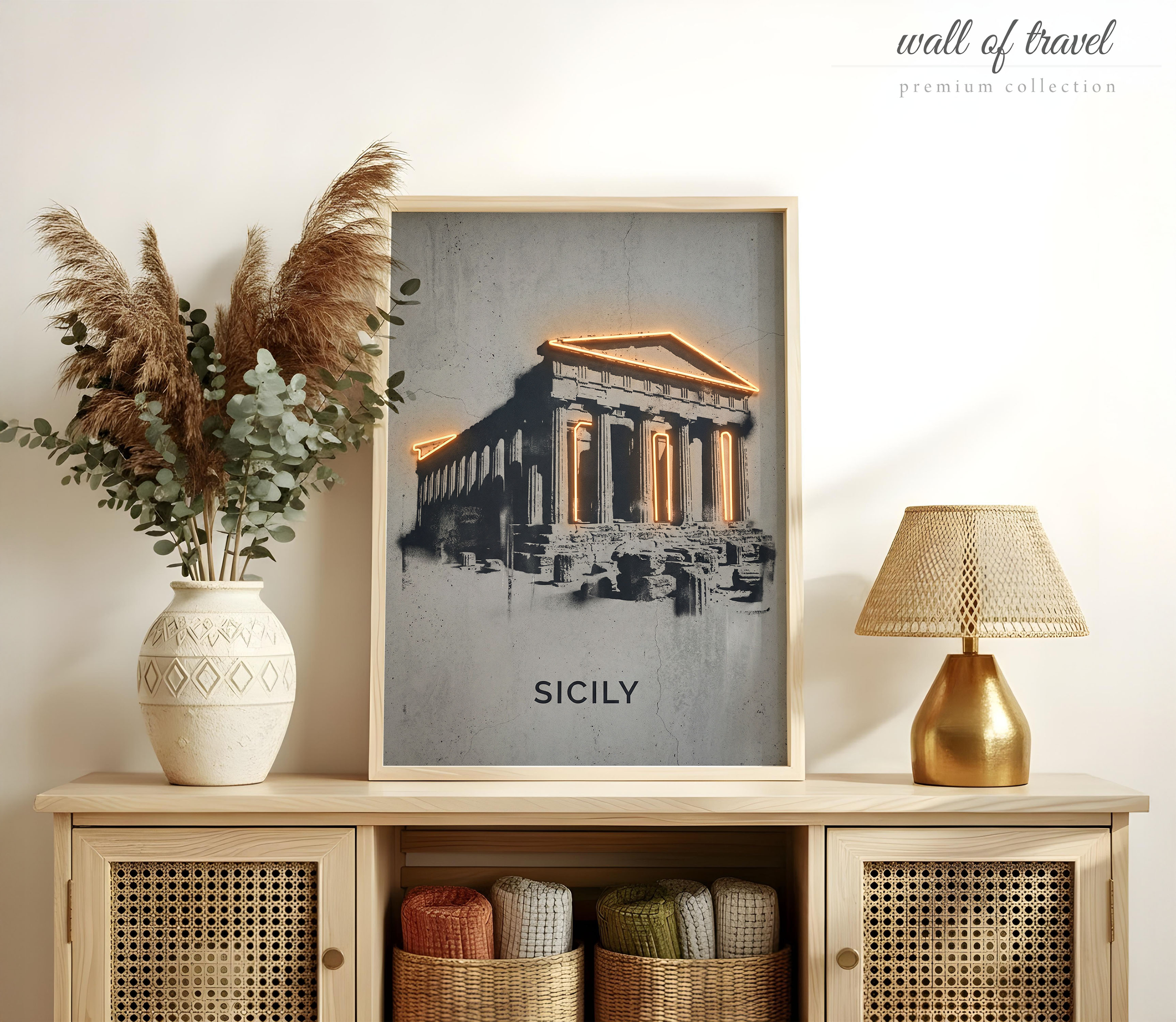 Agrigento Italy Temple of Concordia Art, Canvas or Poster, Neon Paint Splash Decor, Living Room Entryway Vacation Wall Art, Black Grey White