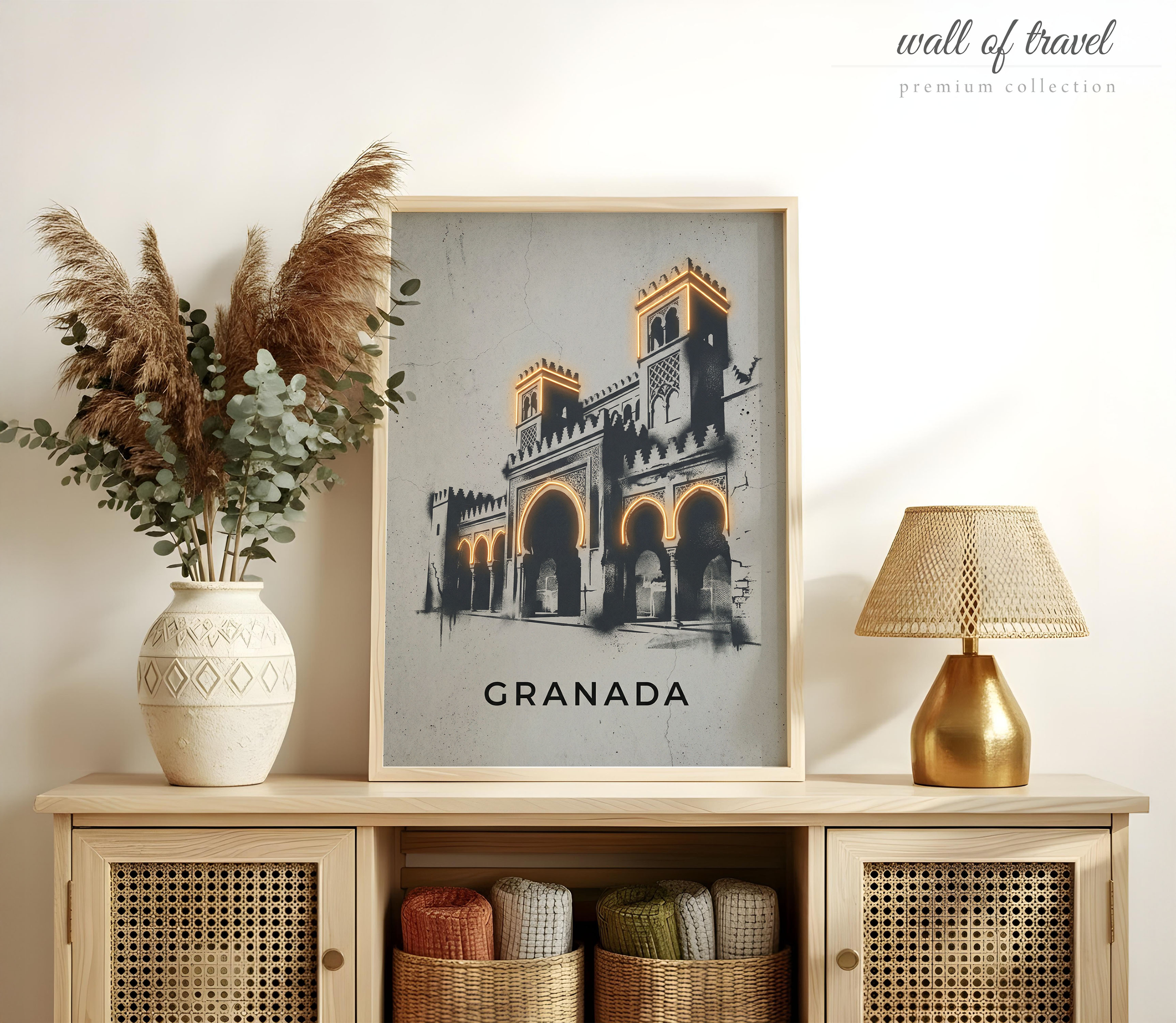 Granada Spain Alhambra Palace Art, Canvas or Poster, Street Art Banknote Decor, Living Room Entryway Home Bar Wall Art, Black White Gold