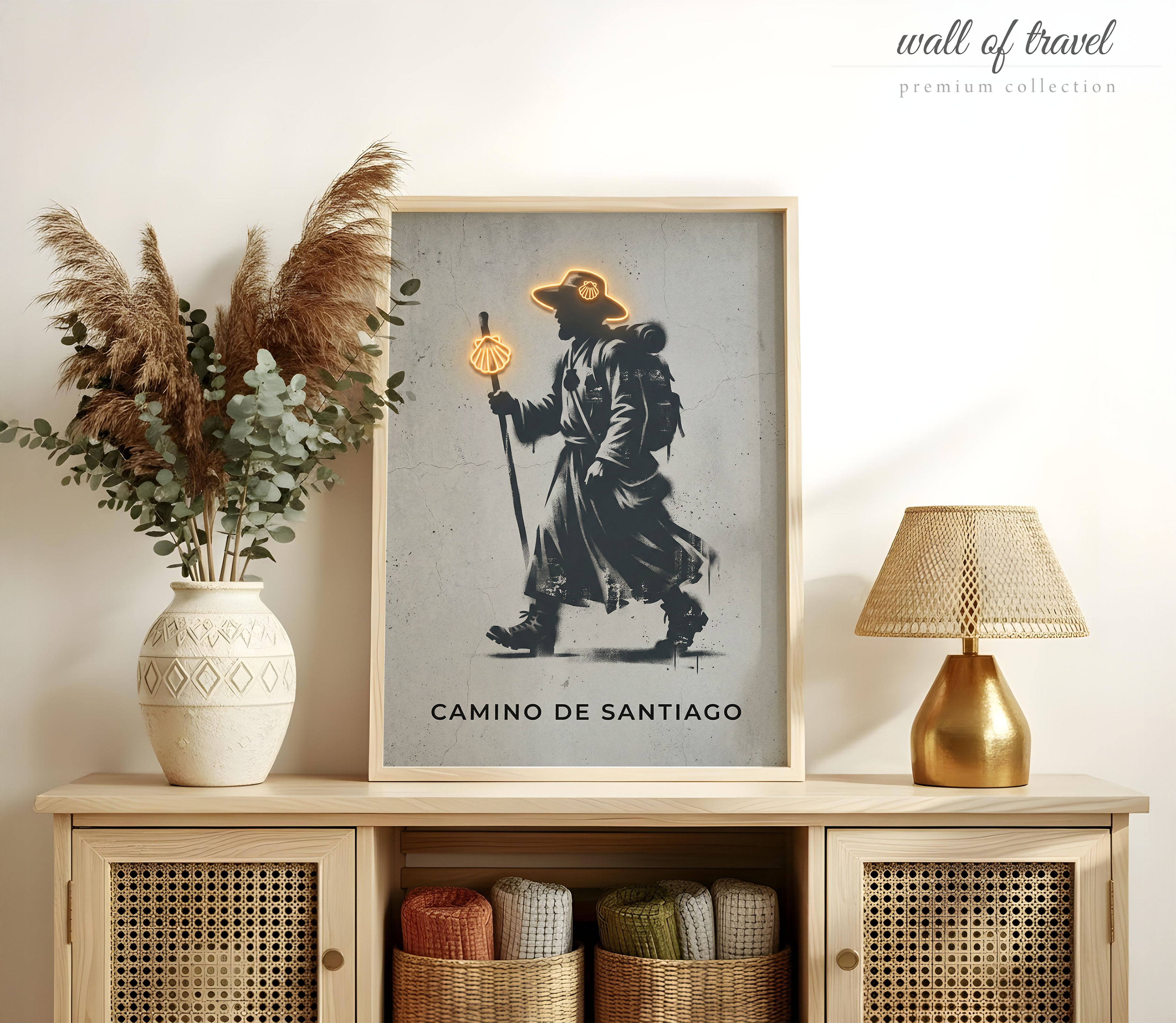 Camino de Santiago Spain Pilgrim Art, Canvas or Poster, Graffiti Pop Art Decor, Living Room Bedroom Entryway Wall Art, Black White Gold