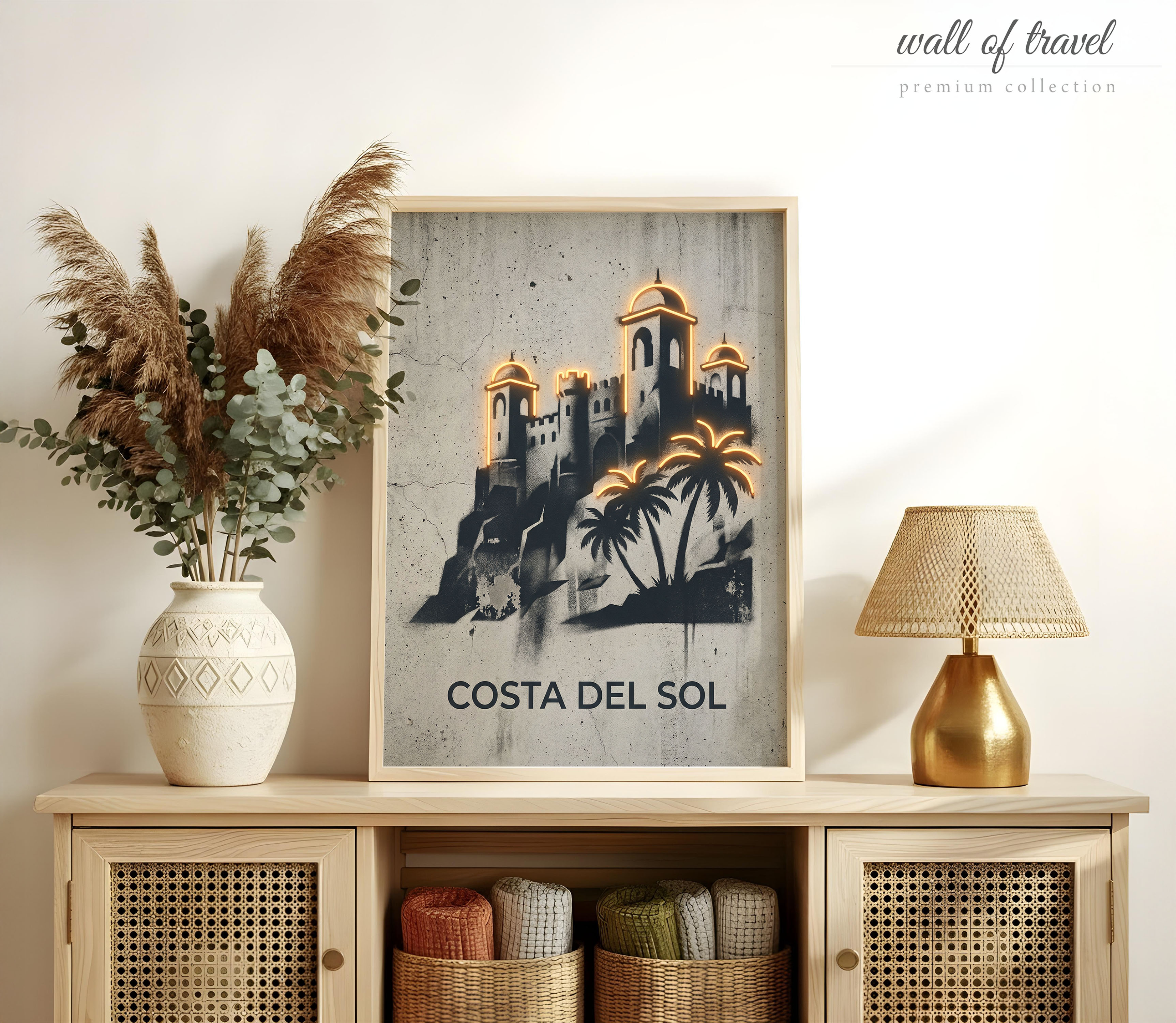 Costa del Sol Spain Moorish Architecture Art, Canvas or Poster, Neon Paint Splash Decor, Living Room Vacation Home Hotel Wall Art, Grey