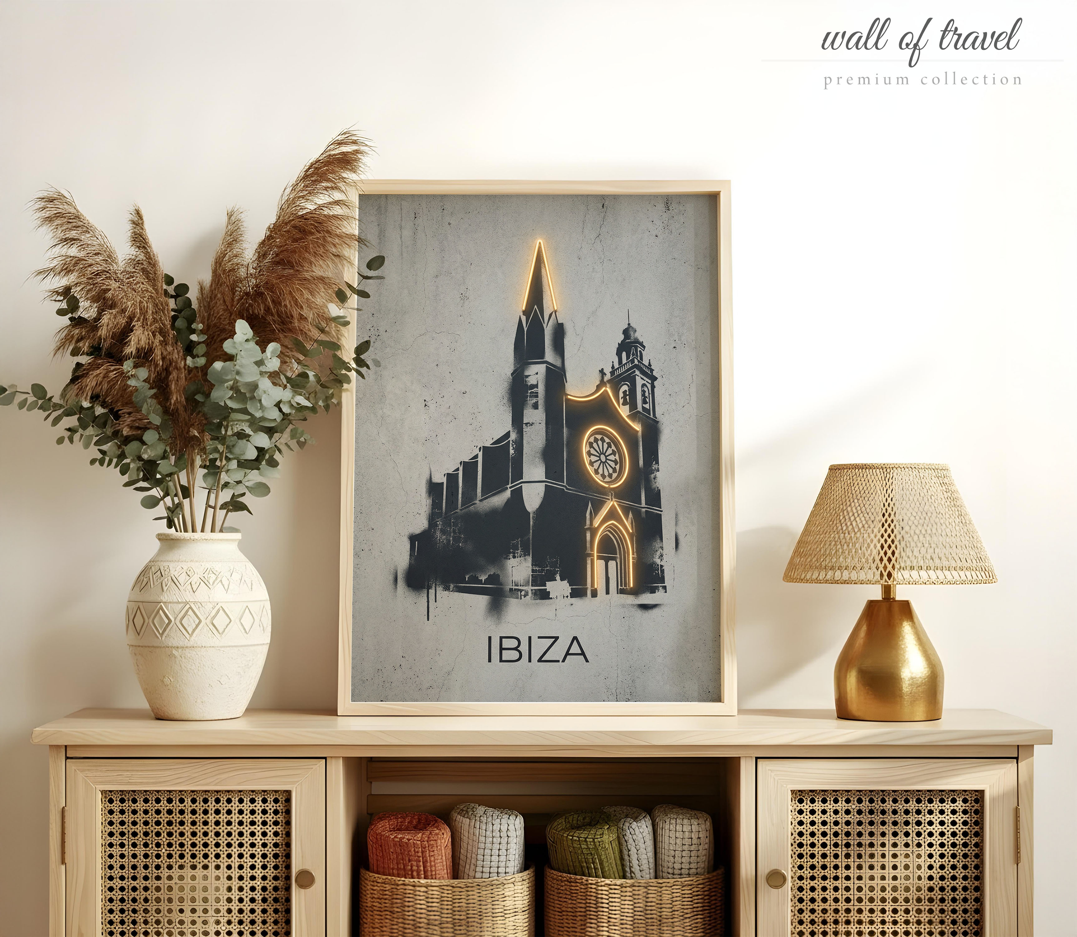 Ibiza Spain Cathedral Art, Canvas or Poster, Graffiti Pop Art Decor, Living Room Entryway Home Bar Vacation Home Wall Art, Gold Grey White