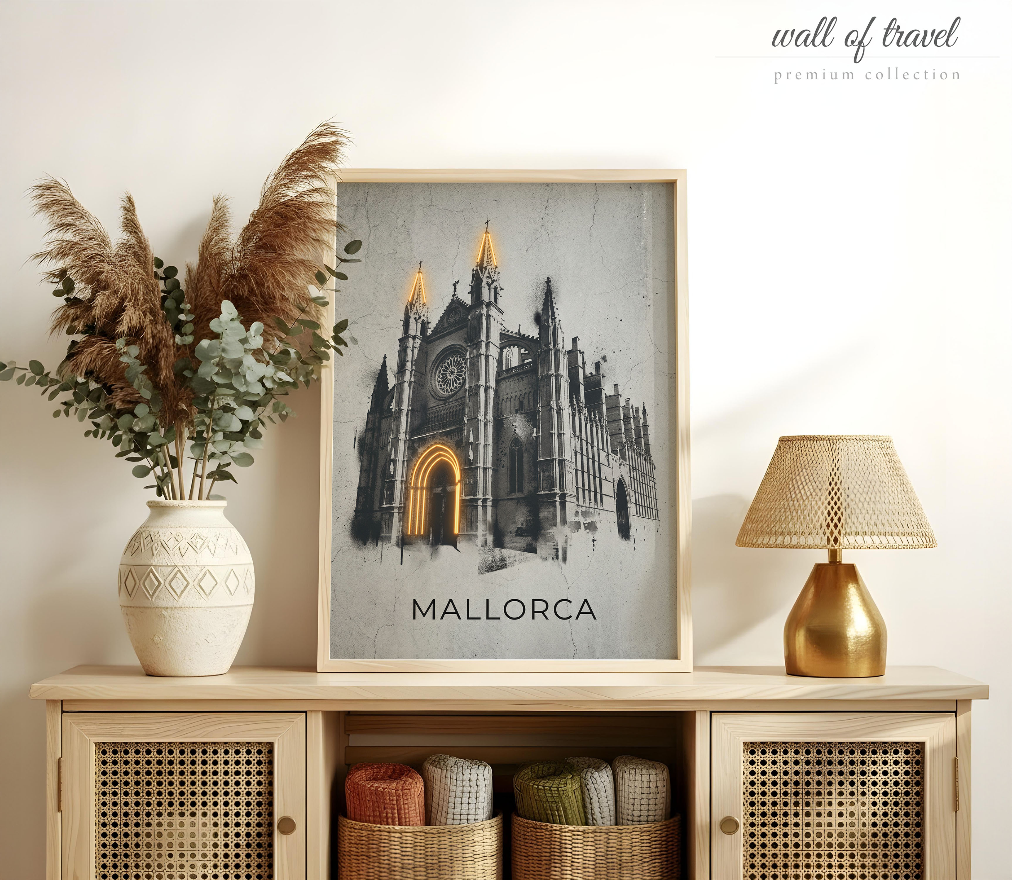 Mallorca Spain Palma Cathedral Art, Canvas or Poster, Graffiti Pop Art Decor, Living Room Entryway Vacation Home Wall Art, Black White Grey