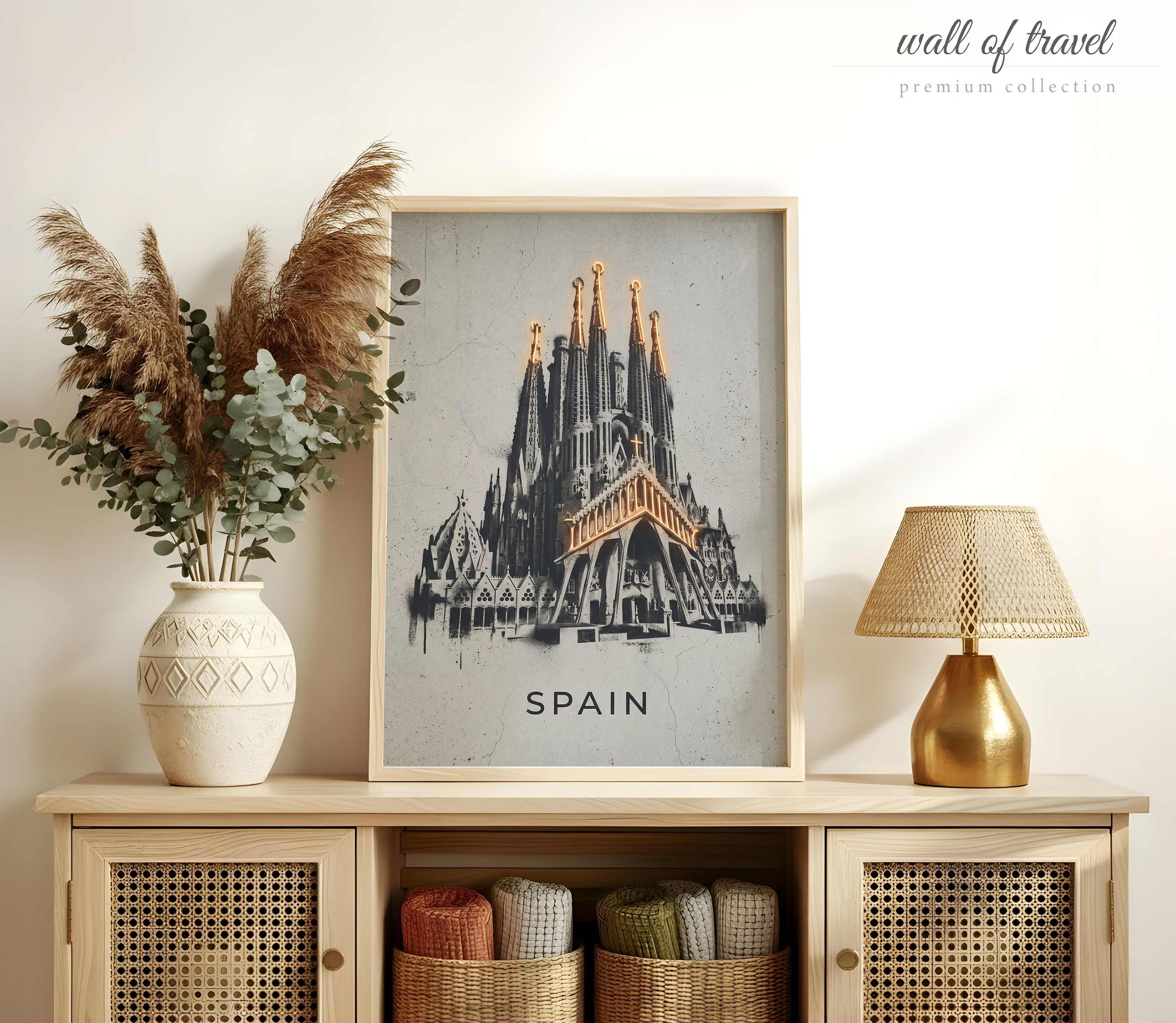 Barcelona Spain Sagrada Familia Art, Canvas or Poster, Street Art Banknote Decor, Living Room Office Entryway Wall Art, Black Grey Gold