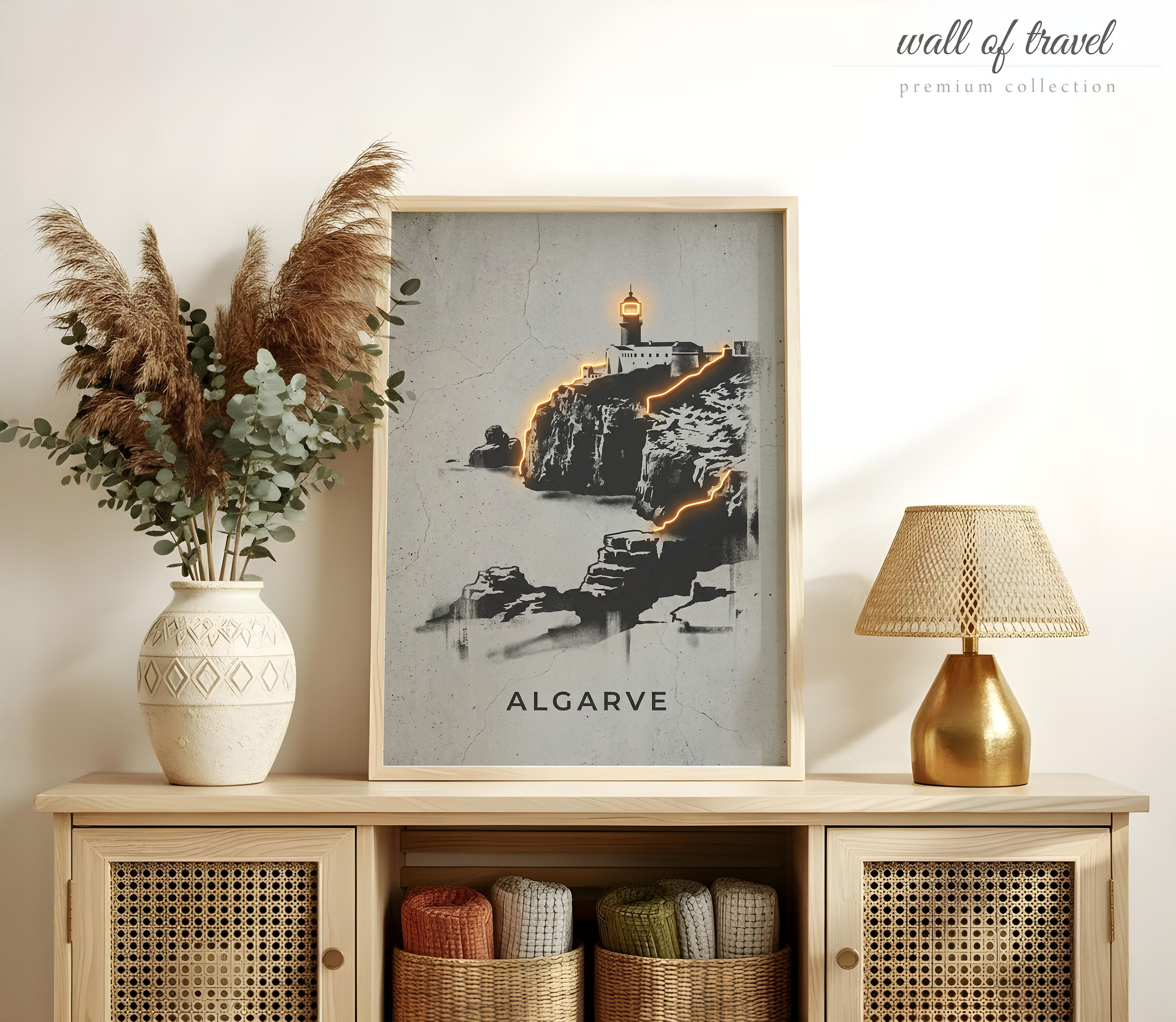 Algarve Portugal Lighthouse Art, Canvas or Poster, Graffiti Pop Art Decor, Living Room Entryway Vacation Home Wall Art, Black White Orange