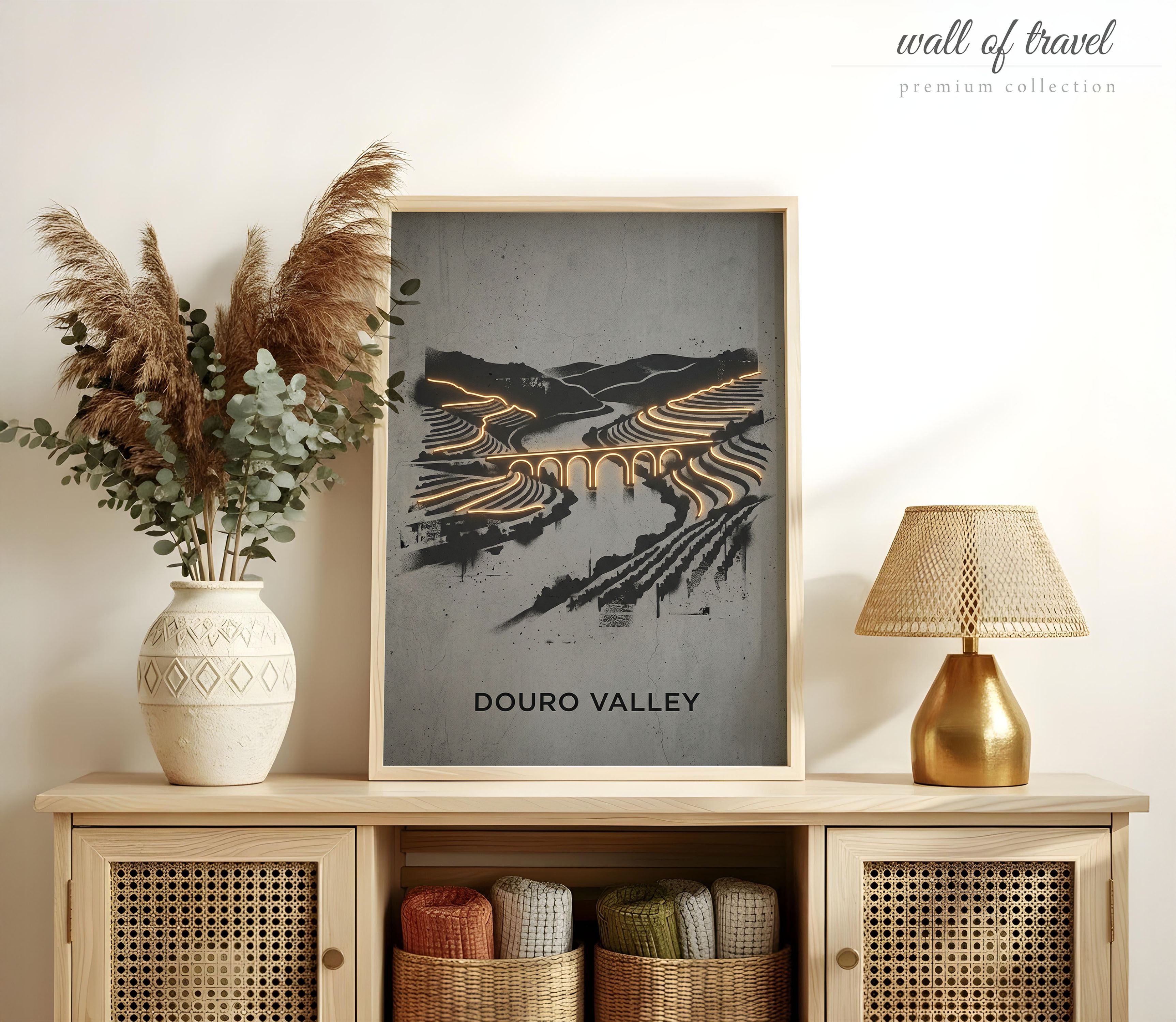 Douro Valley Portugal Dom Luís I Bridge Art, Canvas or Poster, Neon Paint Splash Decor, Living Room Dining Room Entryway Wall Art, Gold Grey