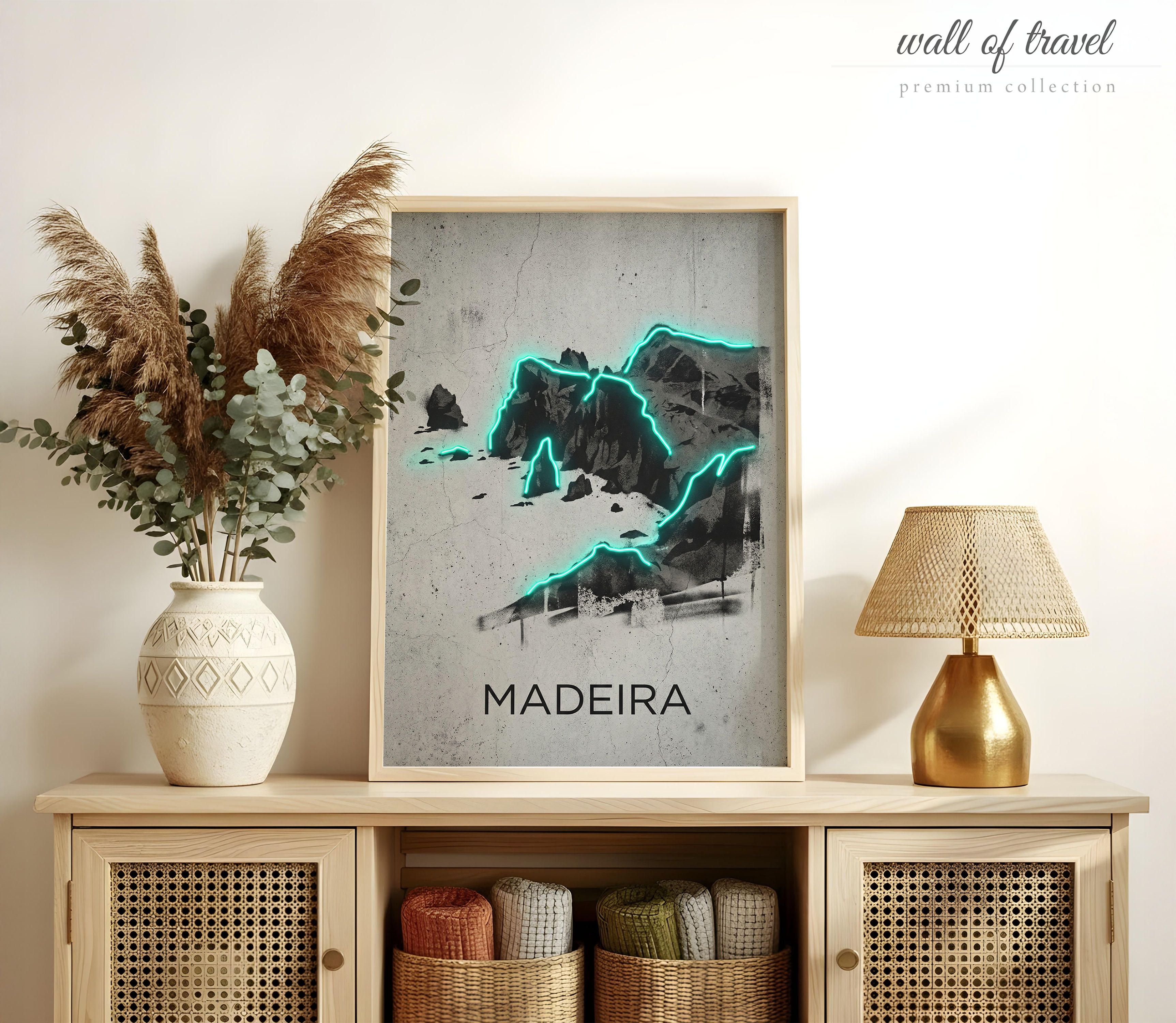 Madeira Portugal Rugged Coastline Art, Canvas or Poster, Neon Paint Splash Decor, Living Room Office Entryway Wall Art, Teal Black Grey
