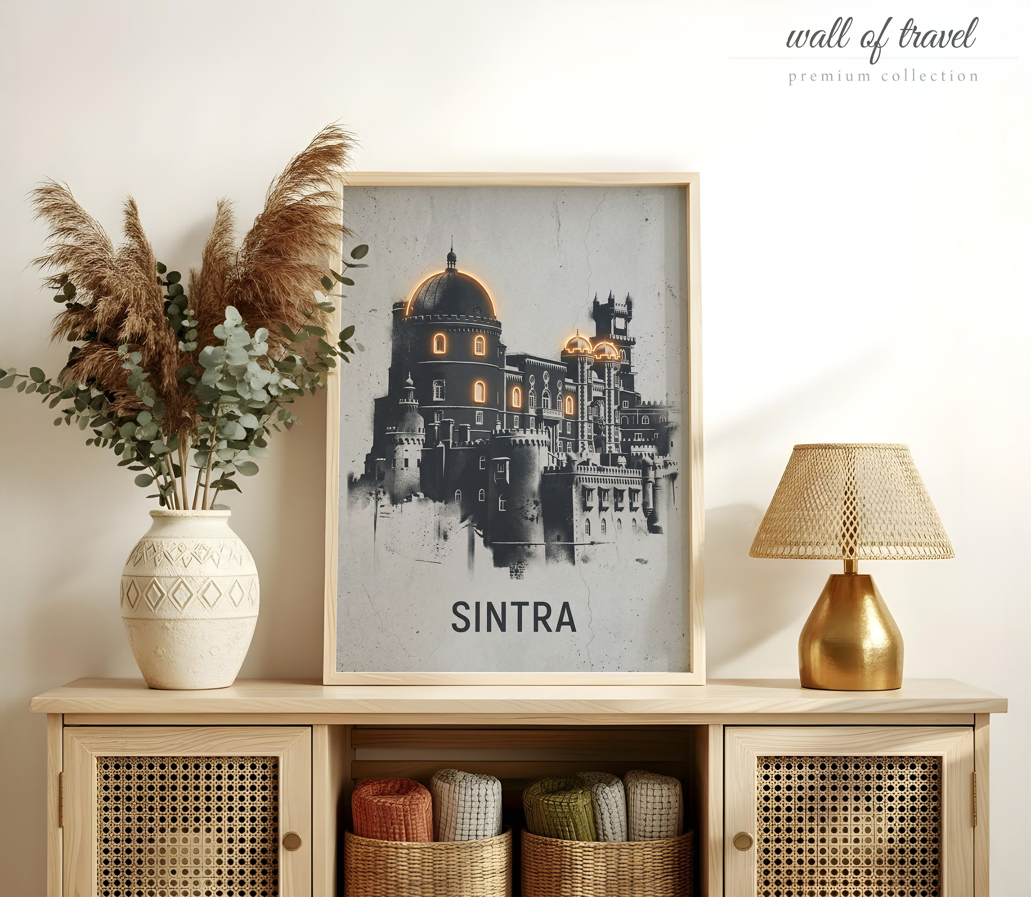 Sintra Portugal Pena Palace Art, Canvas or Poster, Neon Paint Splash Decor, Living Room Bedroom Entryway Wall Art, Black Grey Gold White