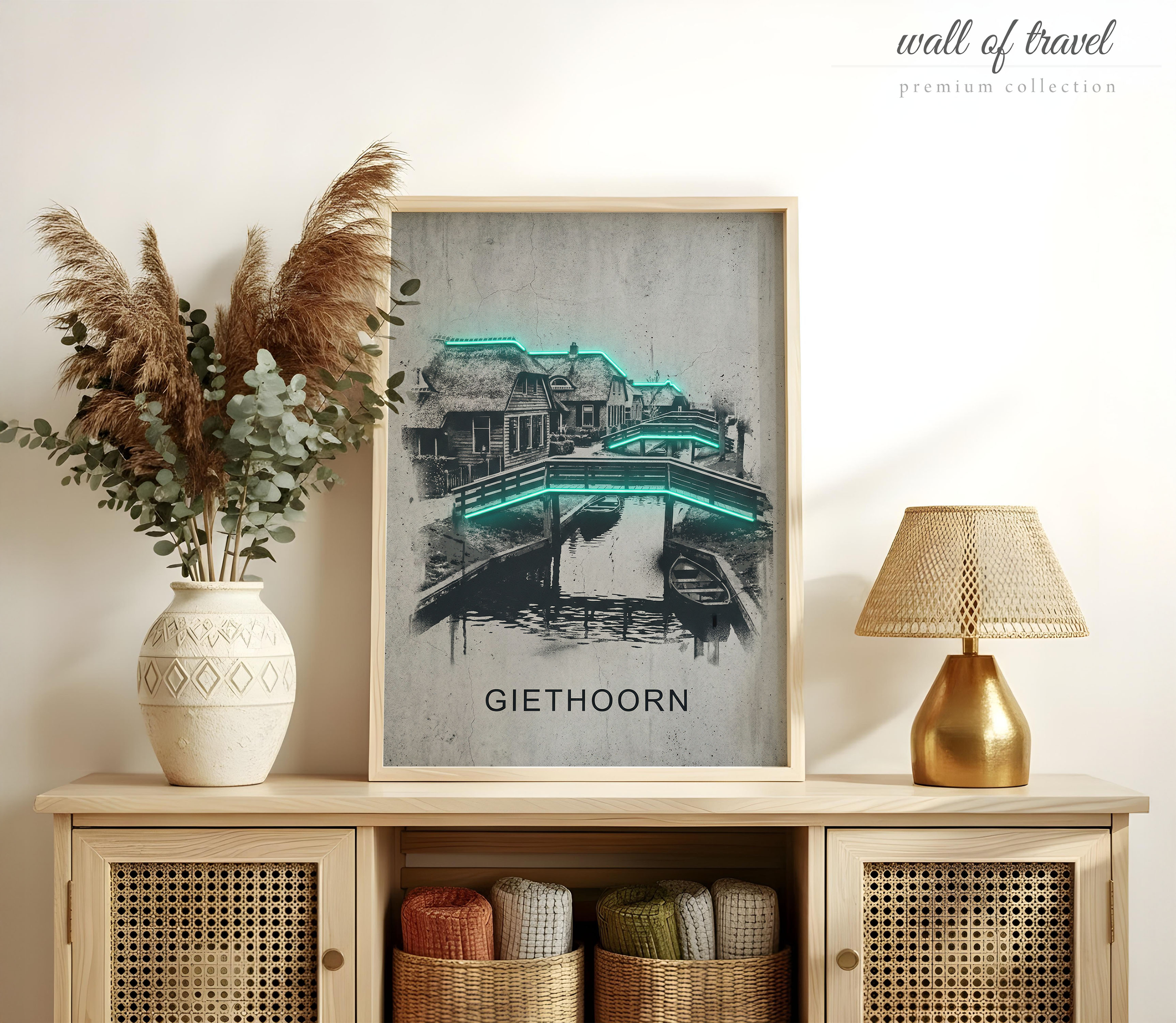 Giethoorn Netherlands Canals and Bridges Art, Canvas or Poster, Neon Paint Splash Decor, Living Room Entryway Vacation Home Wall Art, Grey