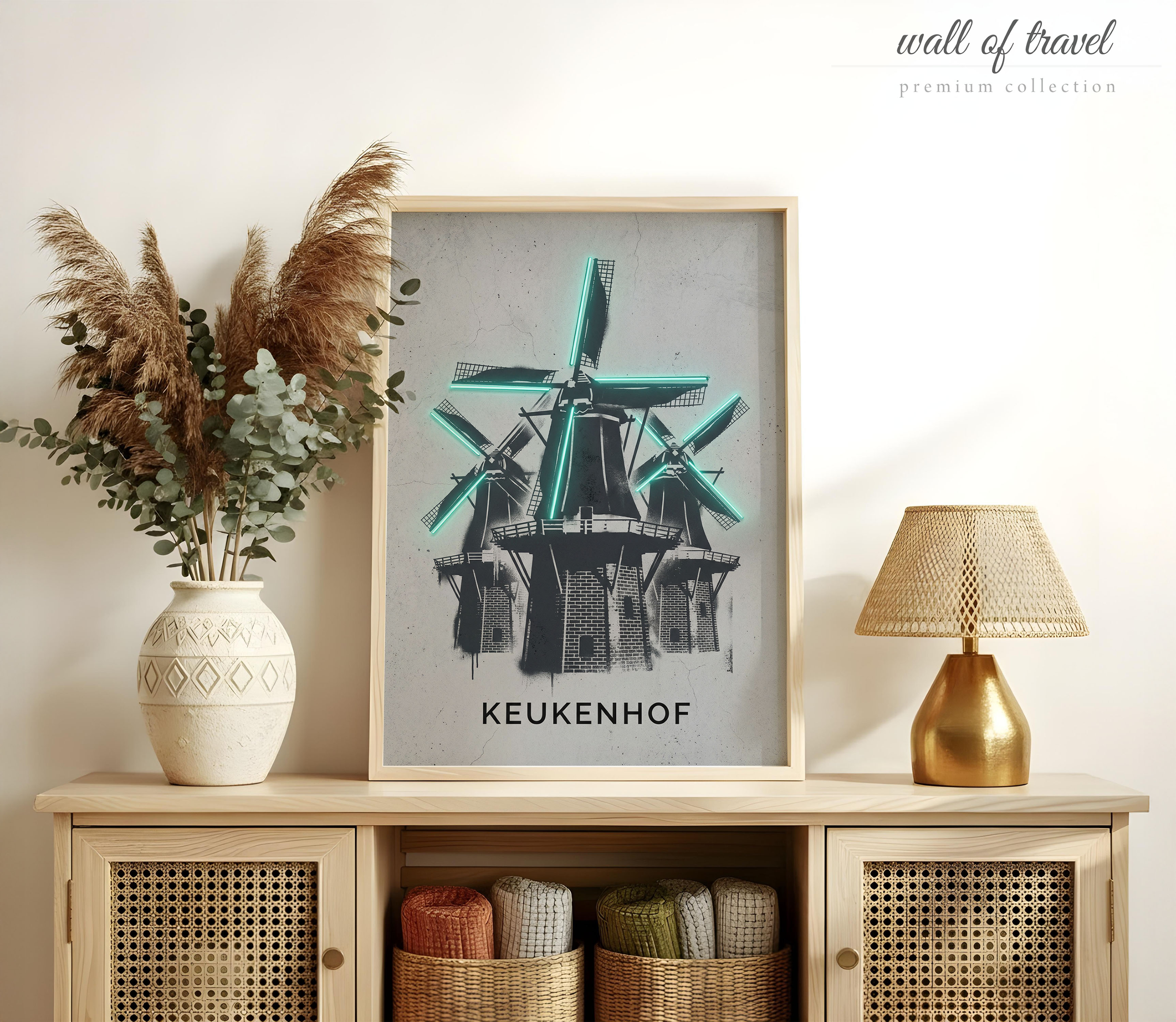 Keukenhof Netherlands Windmills Art, Canvas or Poster, Neon Paint Splash Decor, Living Room Entryway Vacation Home Wall Art, Teal Black Grey