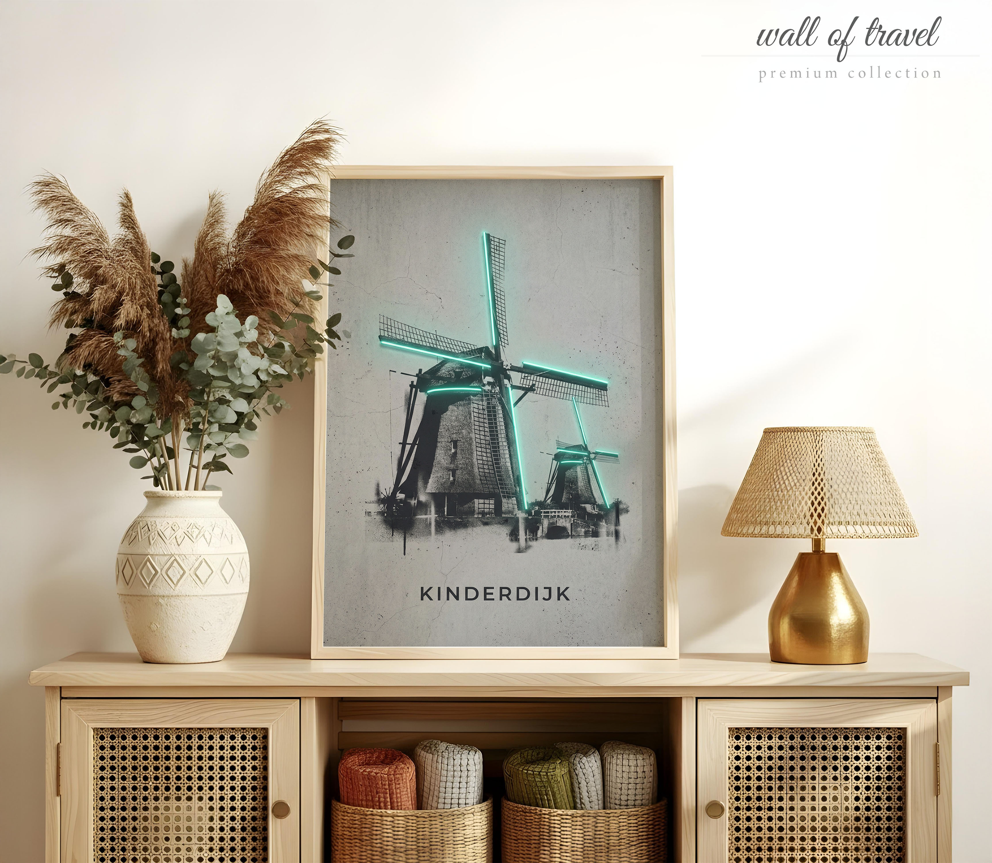 Kinderdijk Netherlands Windmills Art, Canvas or Poster, Neon Paint Splash Decor, Living Room Entryway Vacation Home Wall Art, Teal Grey