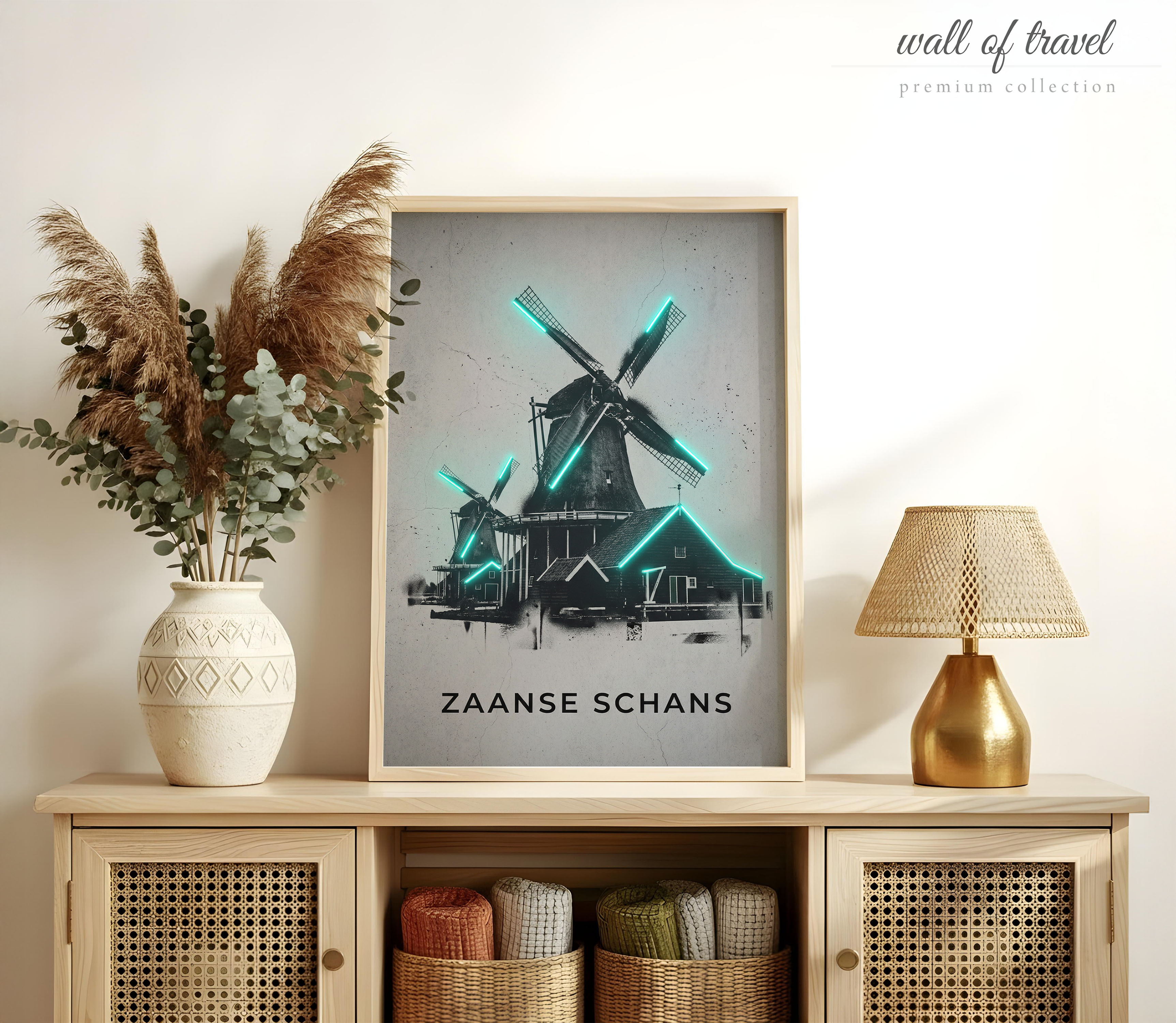 Zaanse Schans Netherlands Traditional Dutch Windmills Art, Canvas or Poster, Neon Paint Splash Decor, Hallway Office Wall Art, Teal Grey