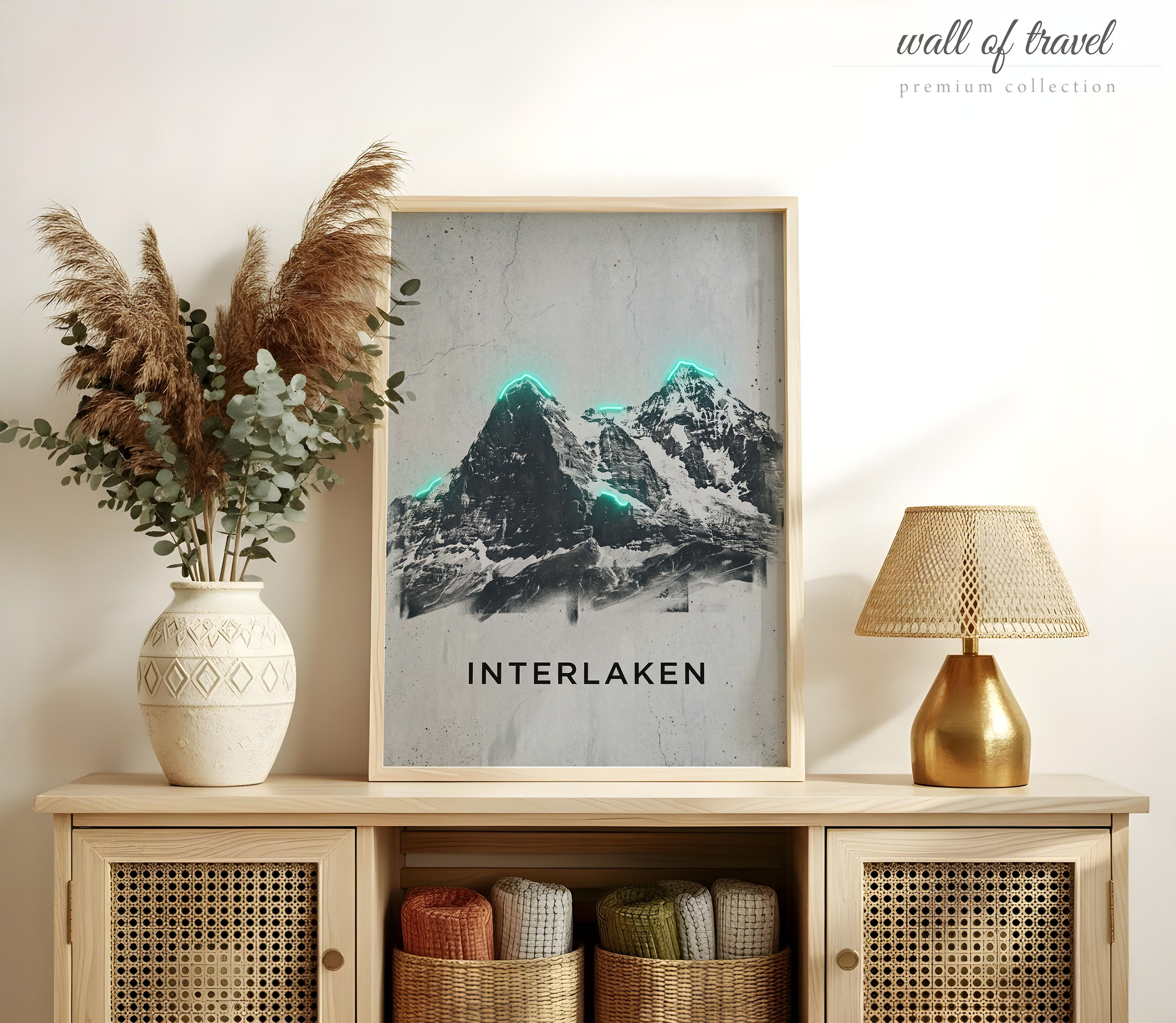 Interlaken Switzerland Swiss Alps Art, Canvas or Poster, Neon Paint Splash Decor, Living Room Bedroom Office Wall Art, Teal Black Grey White