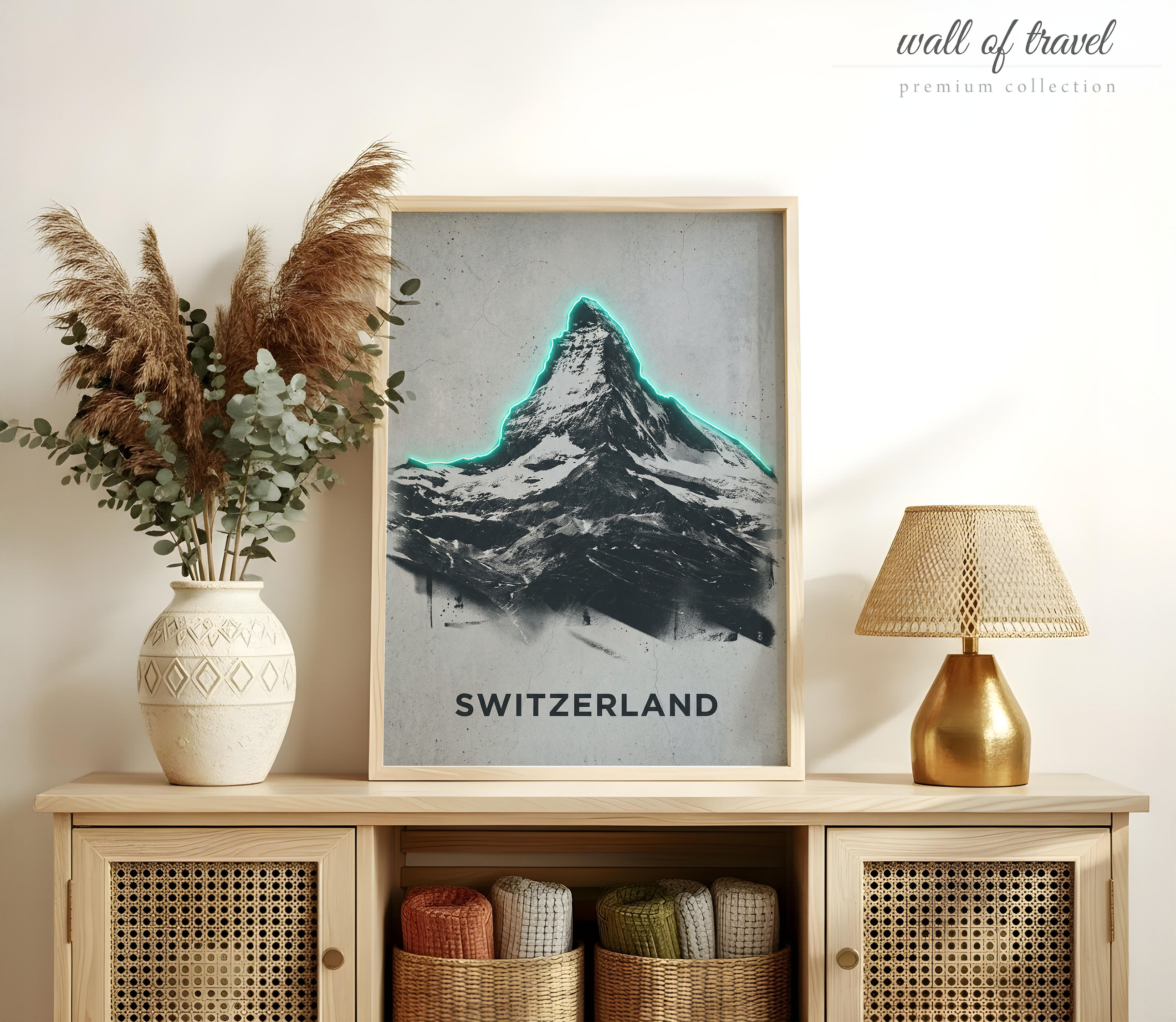 Switzerland Switzerland Matterhorn Art, Canvas or Poster, Neon Paint Splash Decor, Living Room Bedroom Office Wall Art, Teal Black White