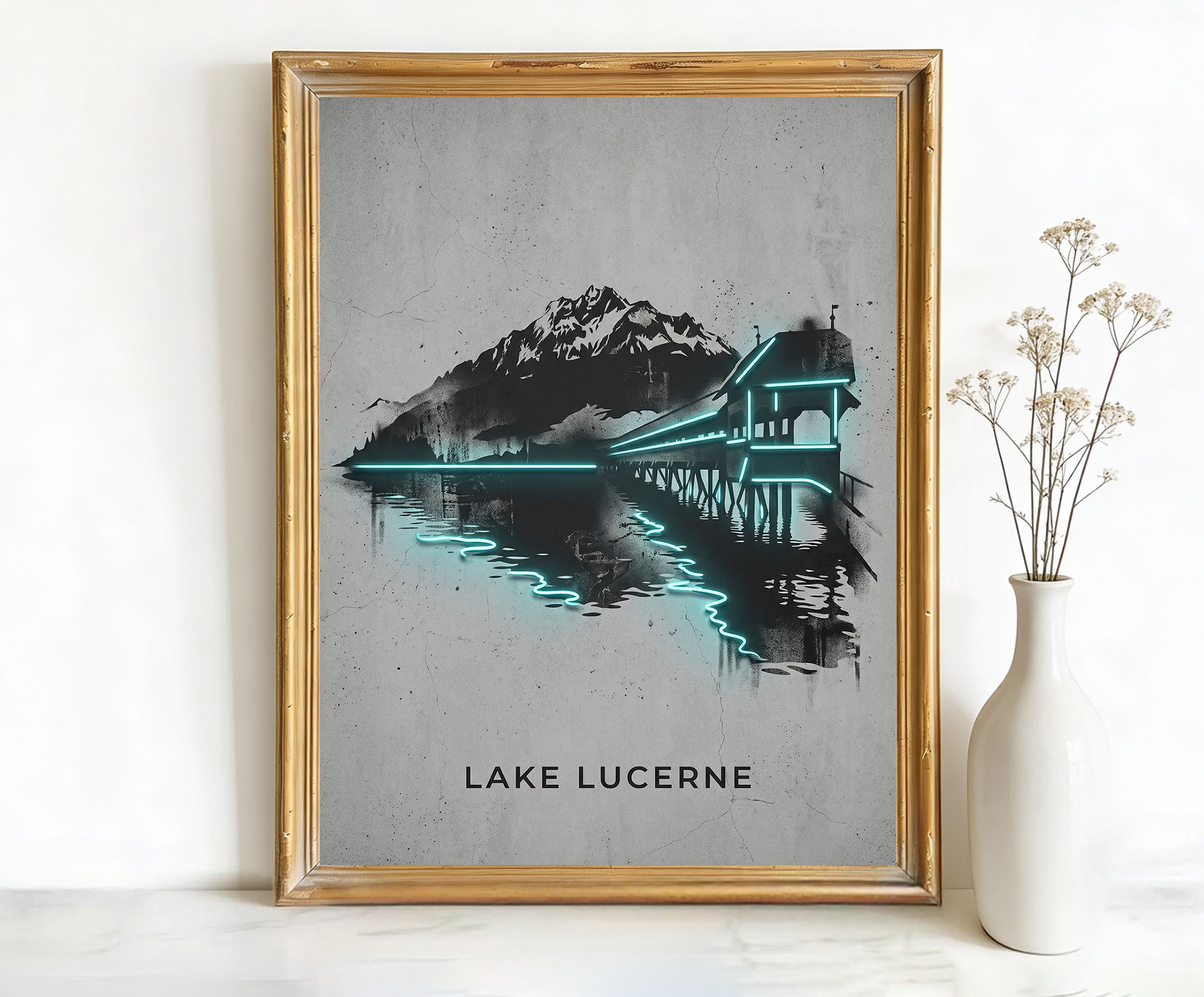 Lake Lucerne Switzerland Mountain Range Pier Art