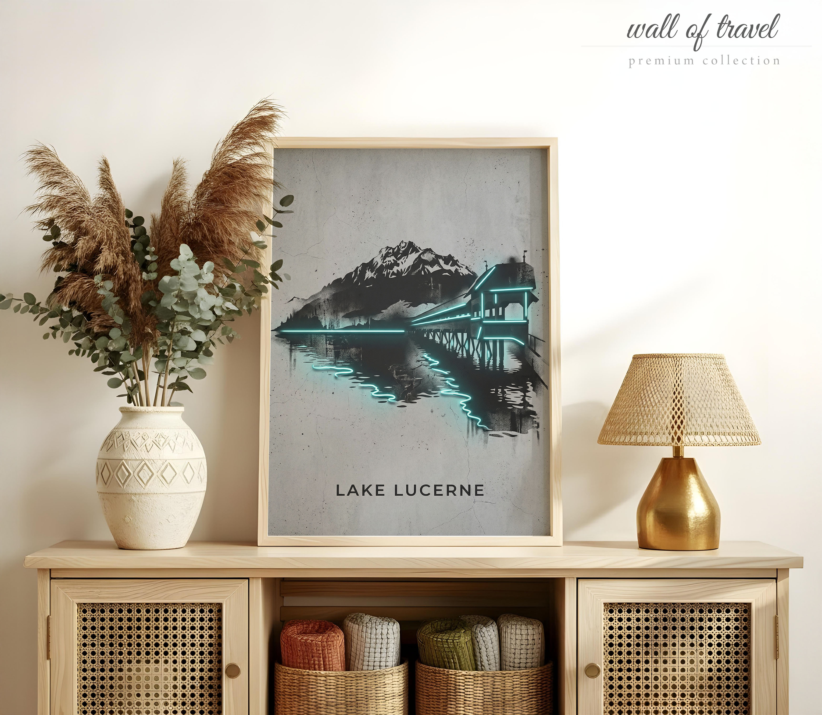 Lake Lucerne Switzerland Mountain Range Pier Art, Canvas or Poster, Neon Paint Splash Decor, Living Room Bedroom Office Wall Art, White Teal