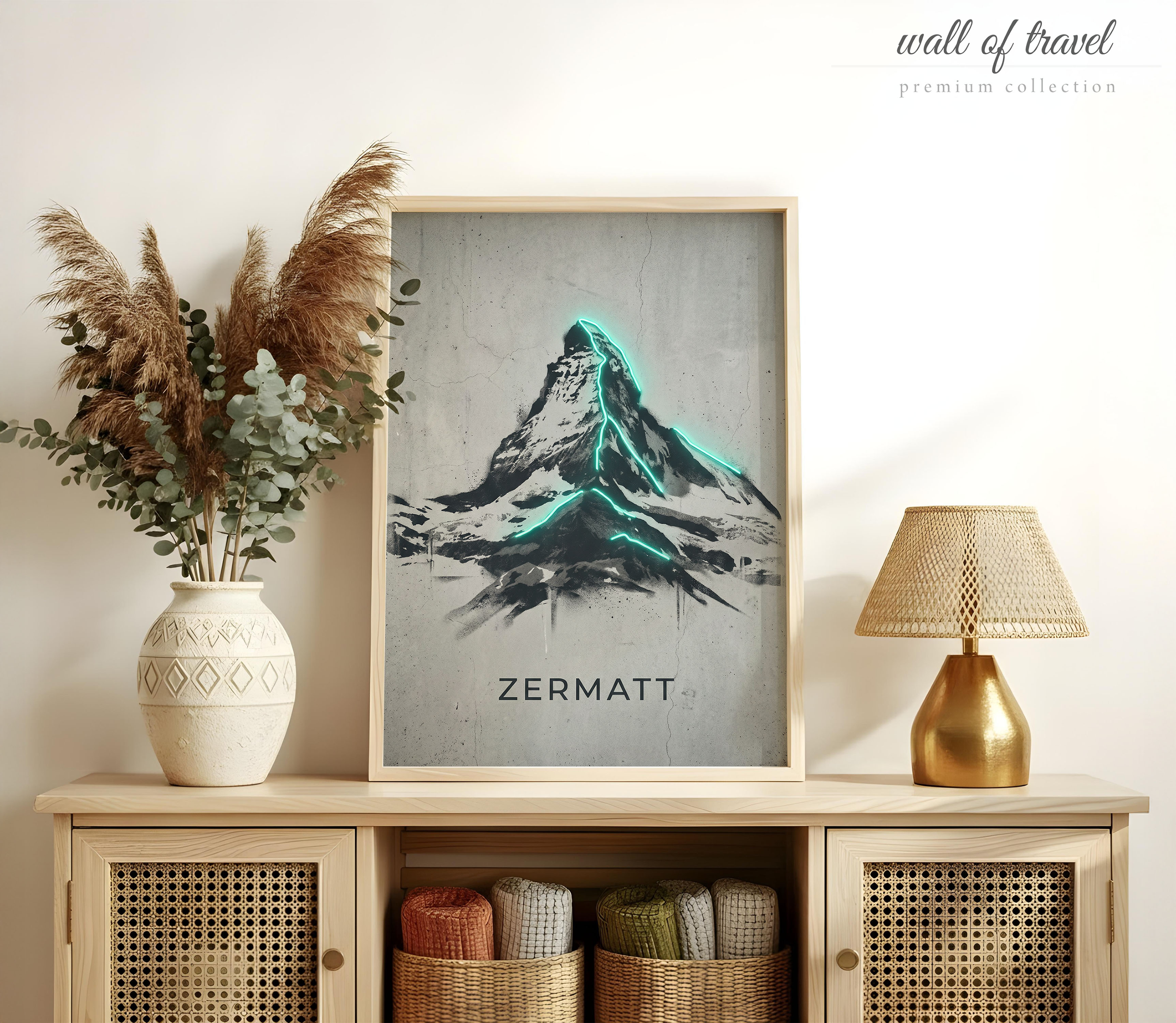 Zermatt Switzerland The Matterhorn Art, Canvas or Poster, Neon Paint Splash Decor, Living Room Bedroom Office Wall Art, Black White Teal