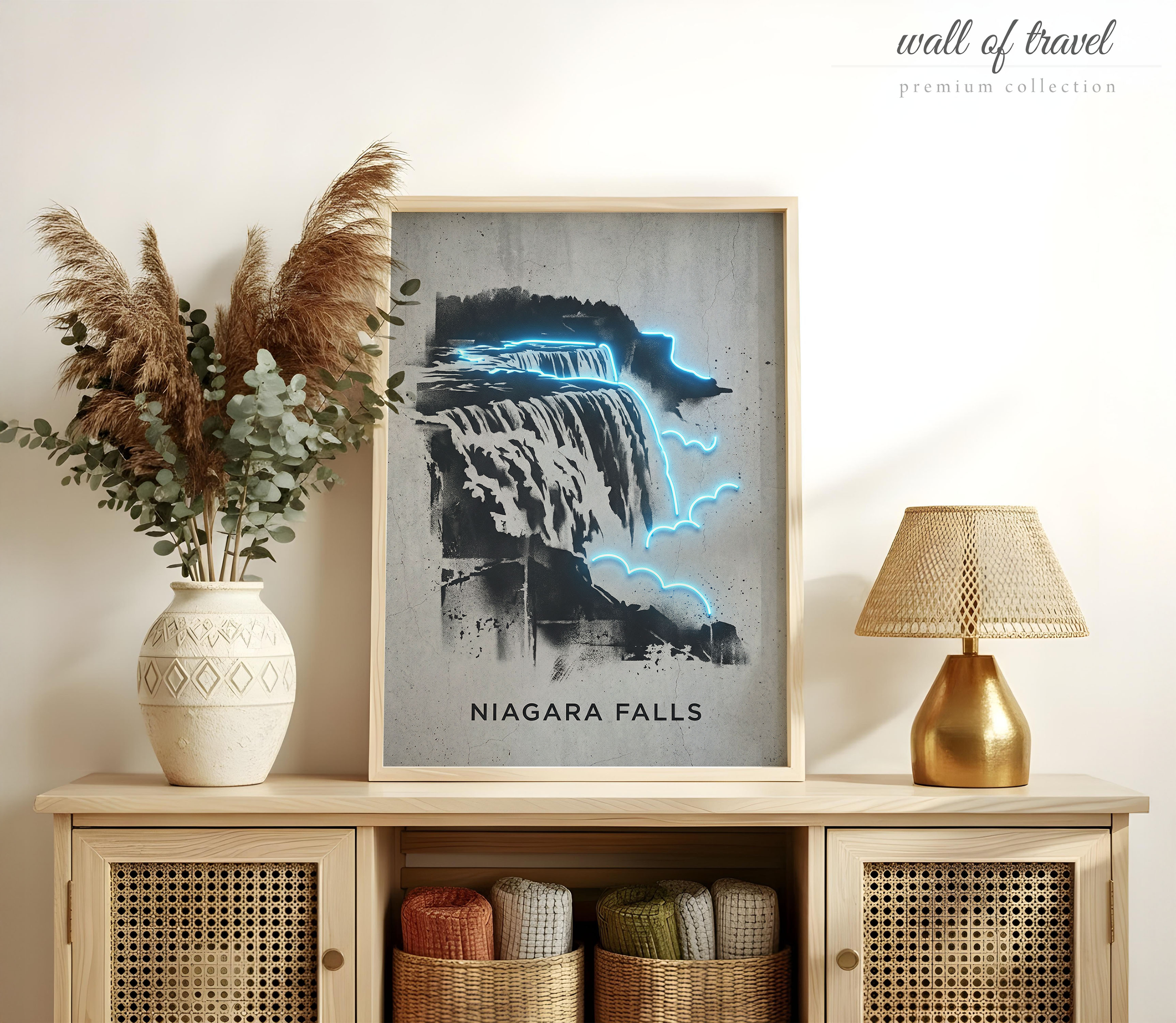 Niagara Falls New York Falls Art, Canvas or Poster, Neon Paint Splash Decor, Living Room Entryway Vacation Home Wall Art, Blue Black White