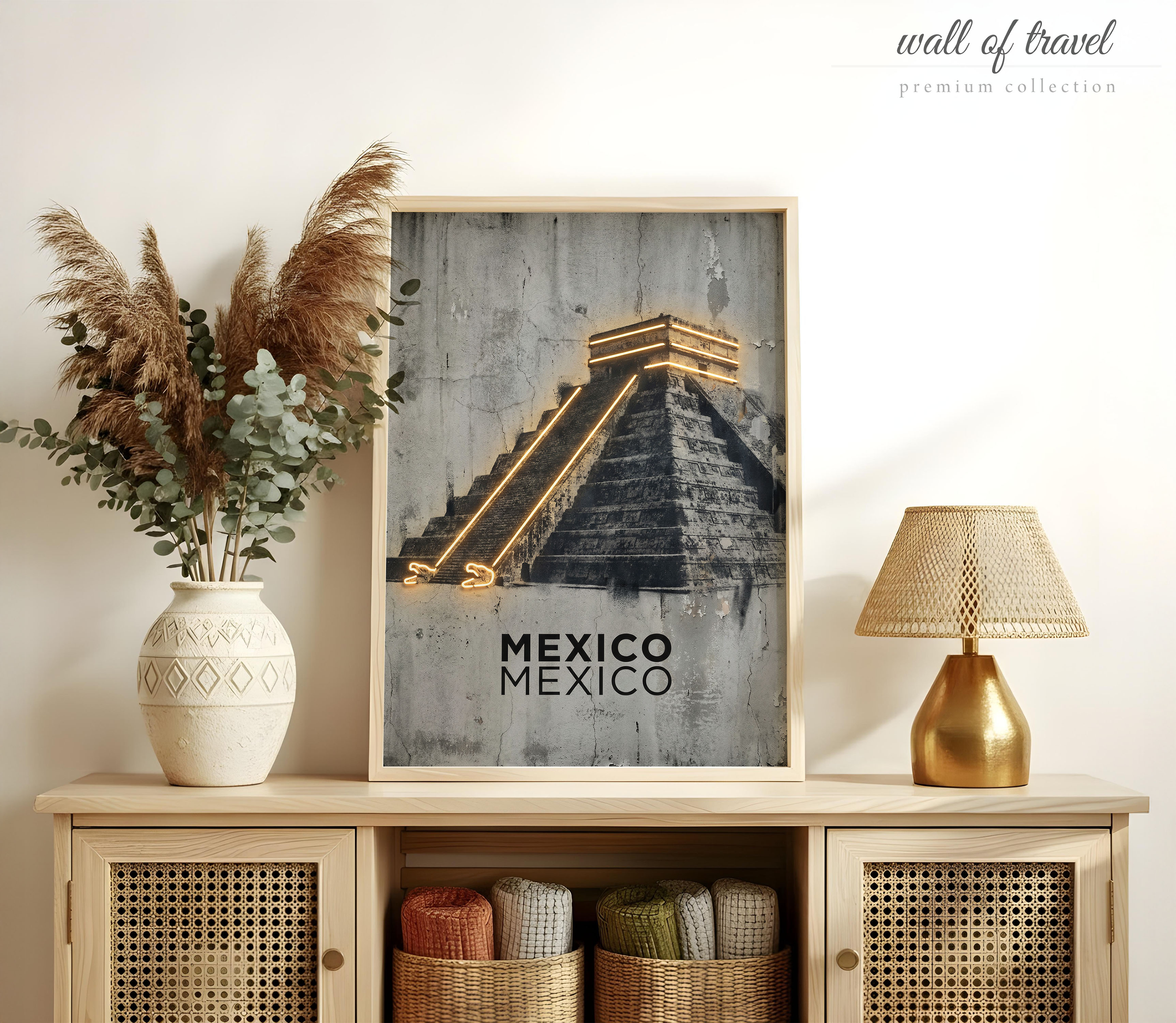 Yucatan Mexico El Castillo Art, Canvas or Poster, Neon Paint Splash Decor, Living Room Entryway Vacation Home Wall Art, Black Grey Gold