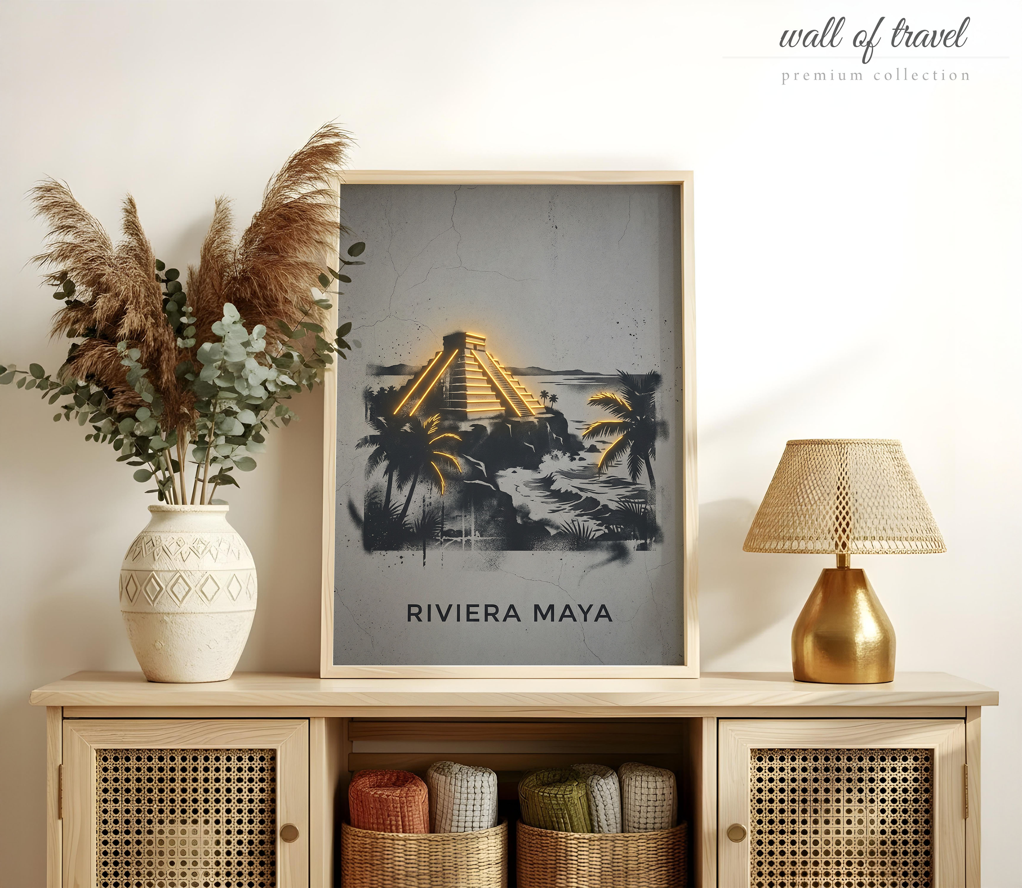 Riviera Maya Mexico Ancient Mayan Pyramid Art, Canvas or Poster, Neon Paint Splash Decor, Living Room Bedroom Vacation Home Wall Art, Grey