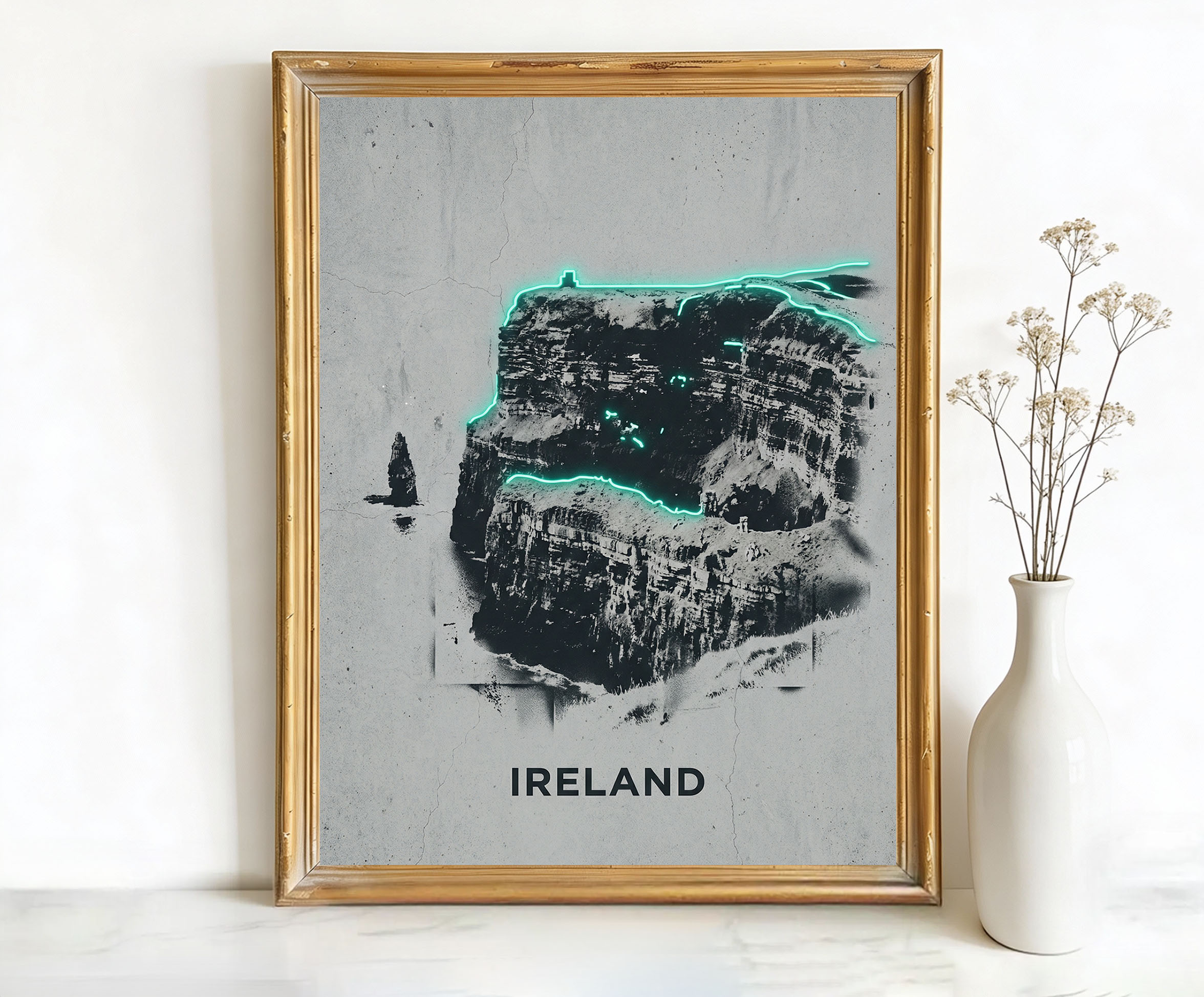 Ireland Cliffs Art, Canvas or Poster, Neon Paint Splash Decor, Living Room Bedroom Office Vacation Home Wall Art, Teal Black Grey White