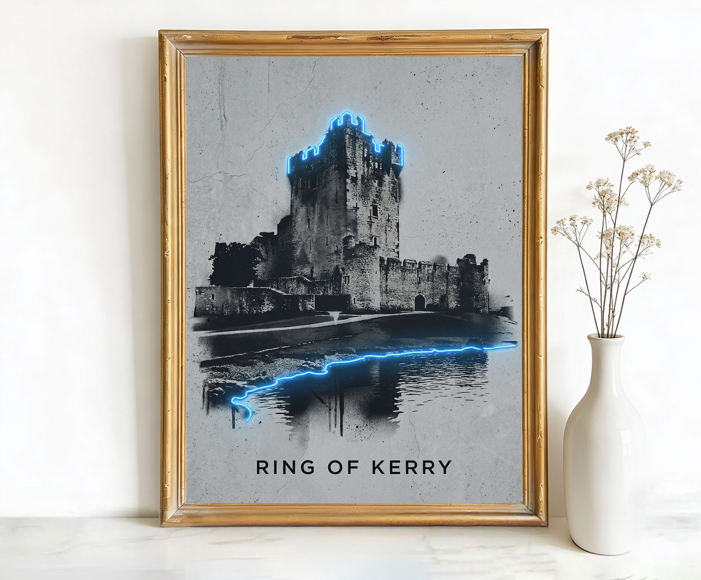 Ring Of Kerry Ireland Ross Castle Art, Canvas or Poster, Neon Paint Splash Decor, Living Room Entryway Vacation Home Wall Art, Blue Grey