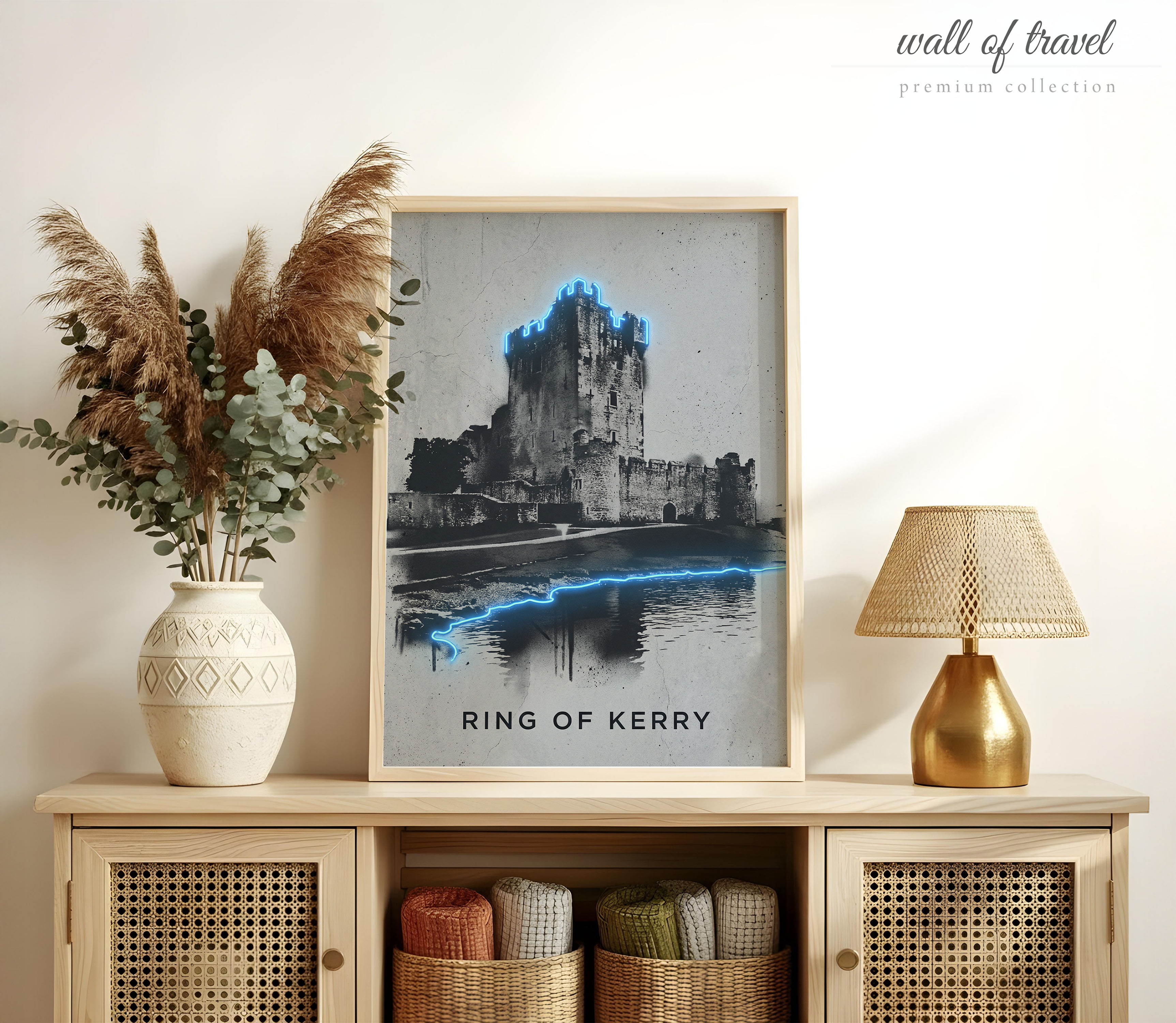 Ring Of Kerry Ireland Ross Castle Art, Canvas or Poster, Neon Paint Splash Decor, Living Room Entryway Vacation Home Wall Art, Blue Grey