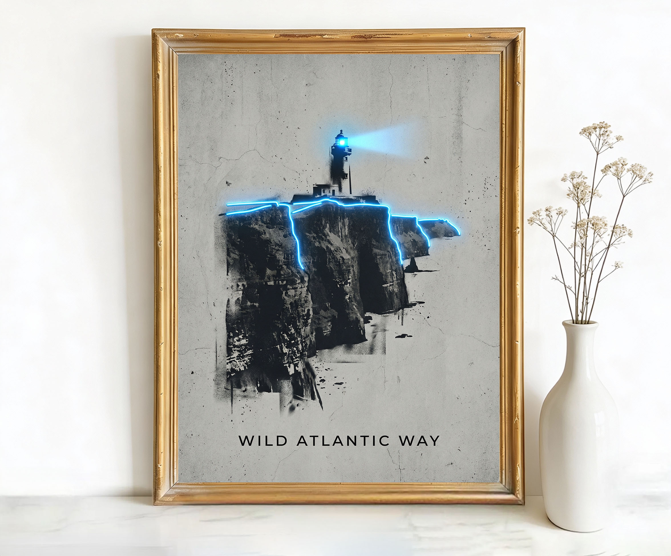 Wild Atlantic Way Ireland Lighthouse Art, Canvas or Poster, Neon Paint Splash Decor, Living Room Entryway Vacation Home Wall Art, Blue Grey
