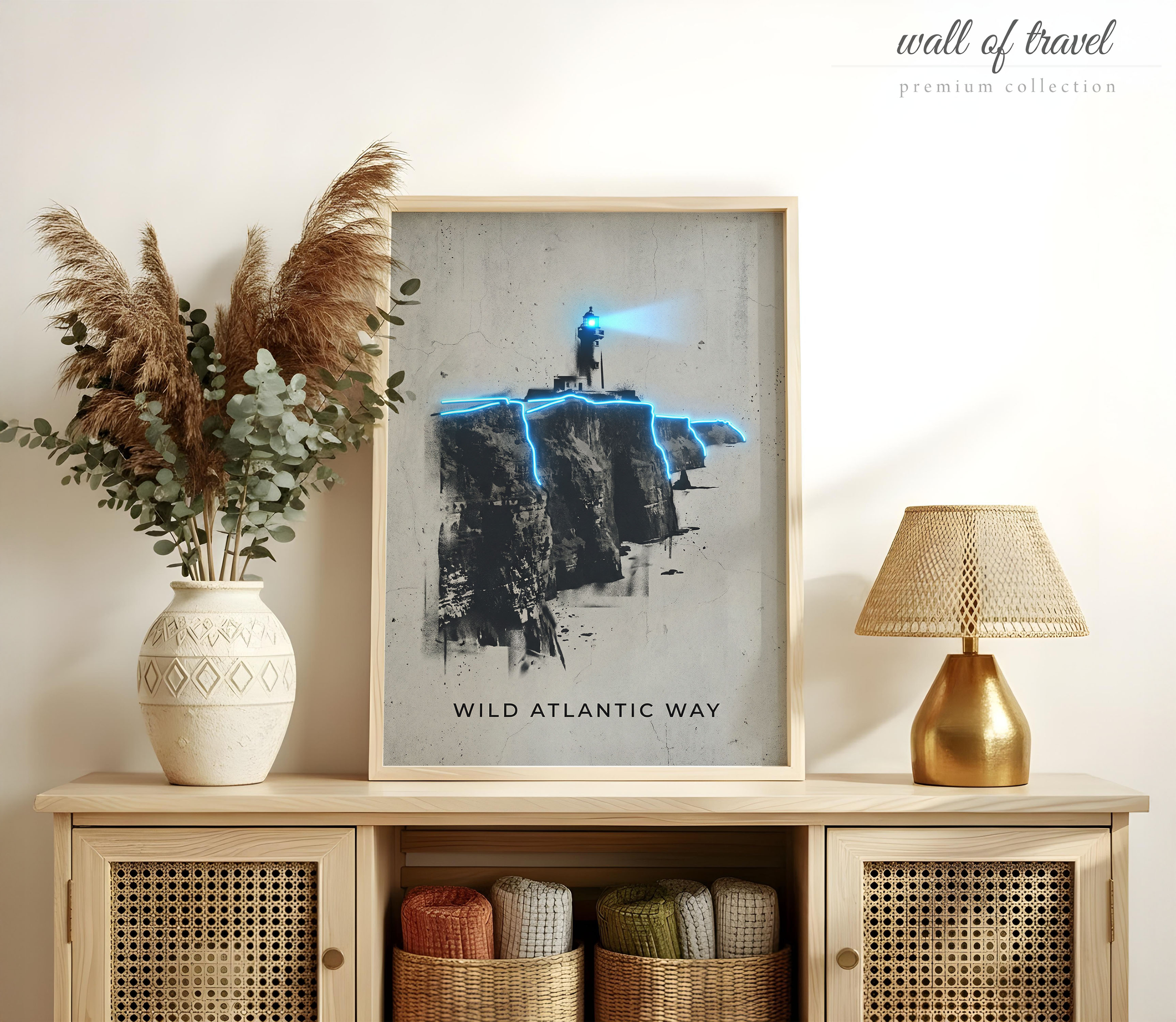 Wild Atlantic Way Ireland Lighthouse Art, Canvas or Poster, Neon Paint Splash Decor, Living Room Entryway Vacation Home Wall Art, Blue Grey