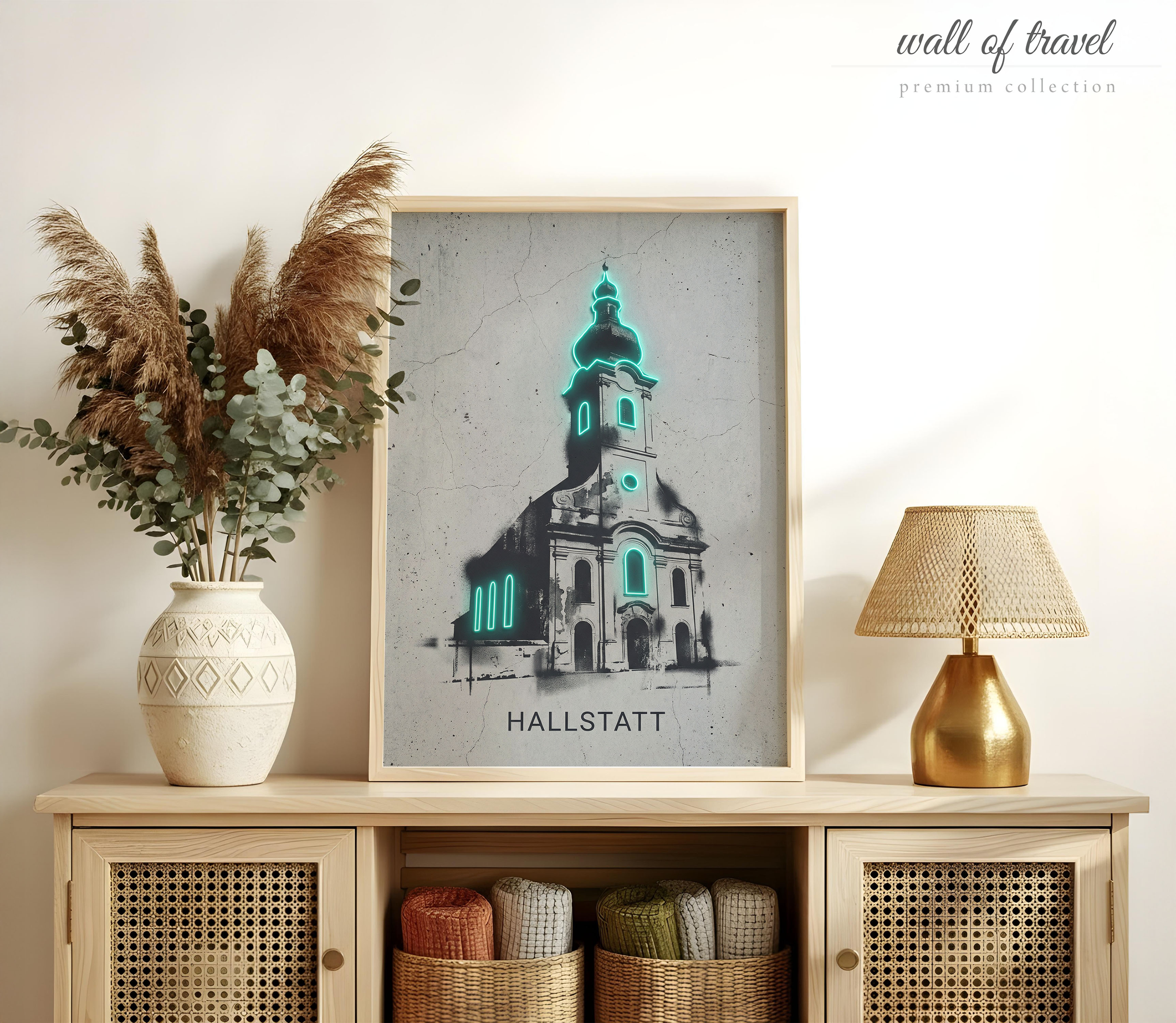 Hallstatt Austria Parish Church of Art, Canvas or Poster, Neon Paint Splash Decor, Living Room Bedroom Entryway Wall Art, Teal Black White