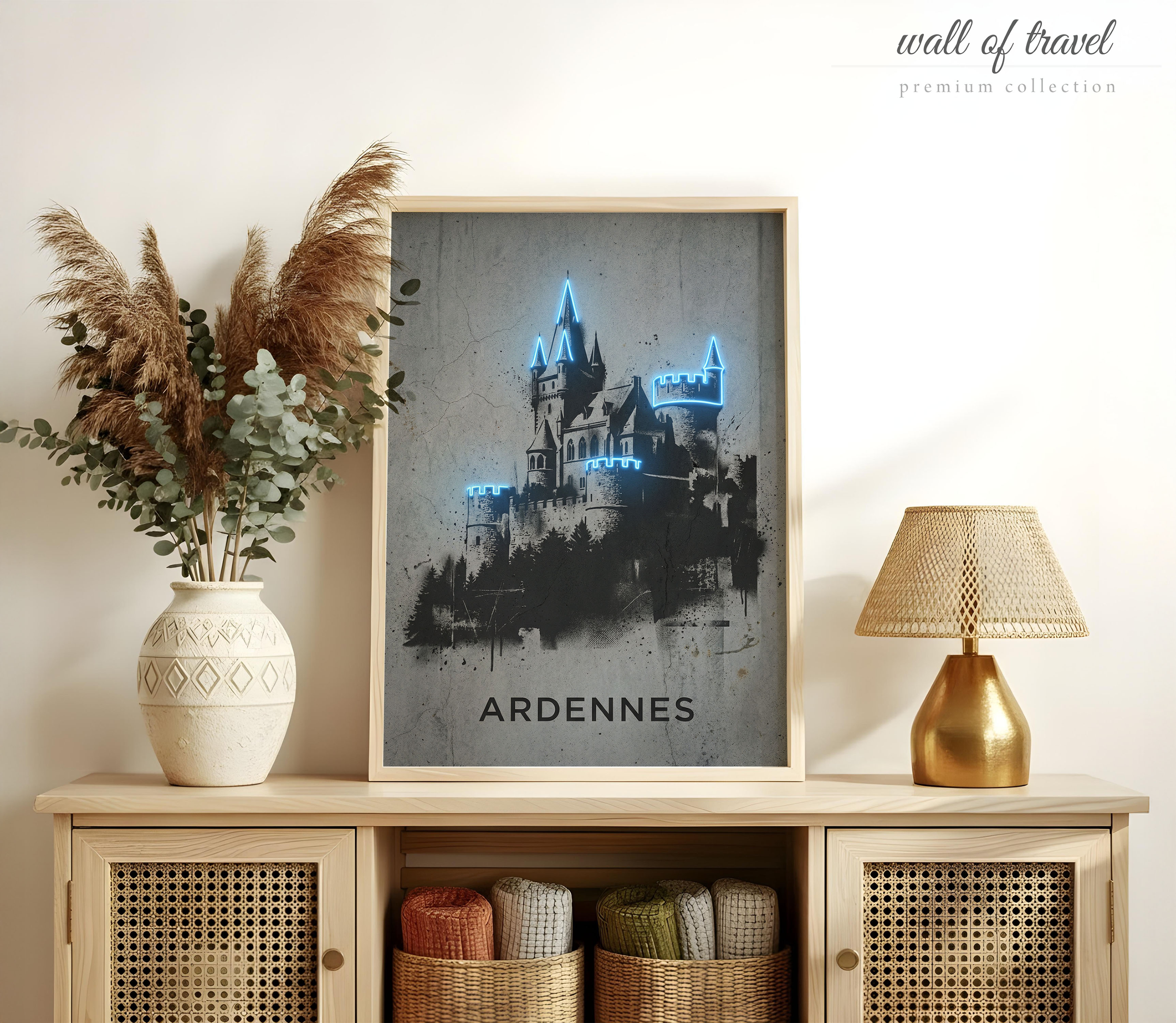 Ardennes Belgium Castle Art, Canvas or Poster, Neon Paint Splash Decor, Living Room Office Den Vacation Home Wall Art, Blue Black Grey White