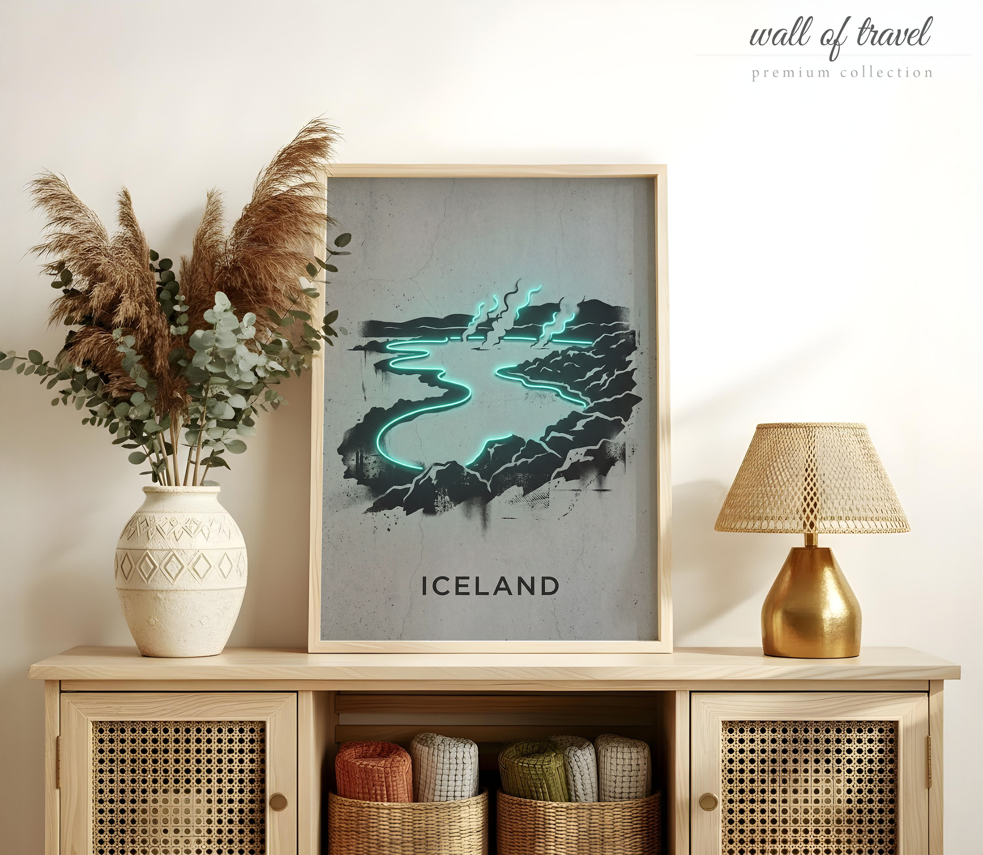 Iceland Iceland Geothermal Landscape Art, Canvas or Poster, Neon Paint Splash Decor, Living Room Bedroom Office Wall Art, Teal Black Grey