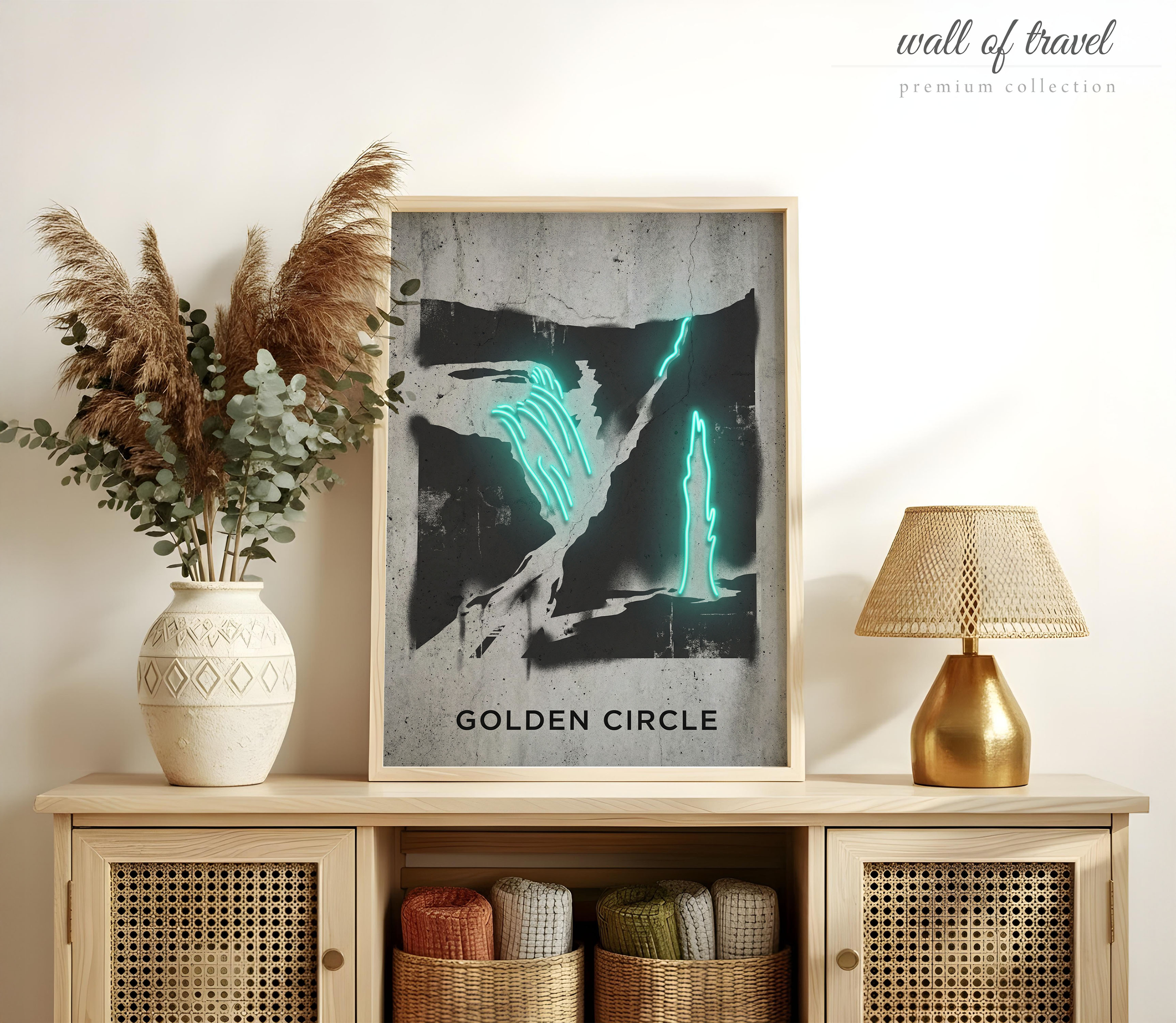 Golden Circle Iceland Geysers Waterfall Art, Canvas or Poster, Neon Paint Splash Decor, Living Room Office Vacation Home Wall Art, Teal Grey