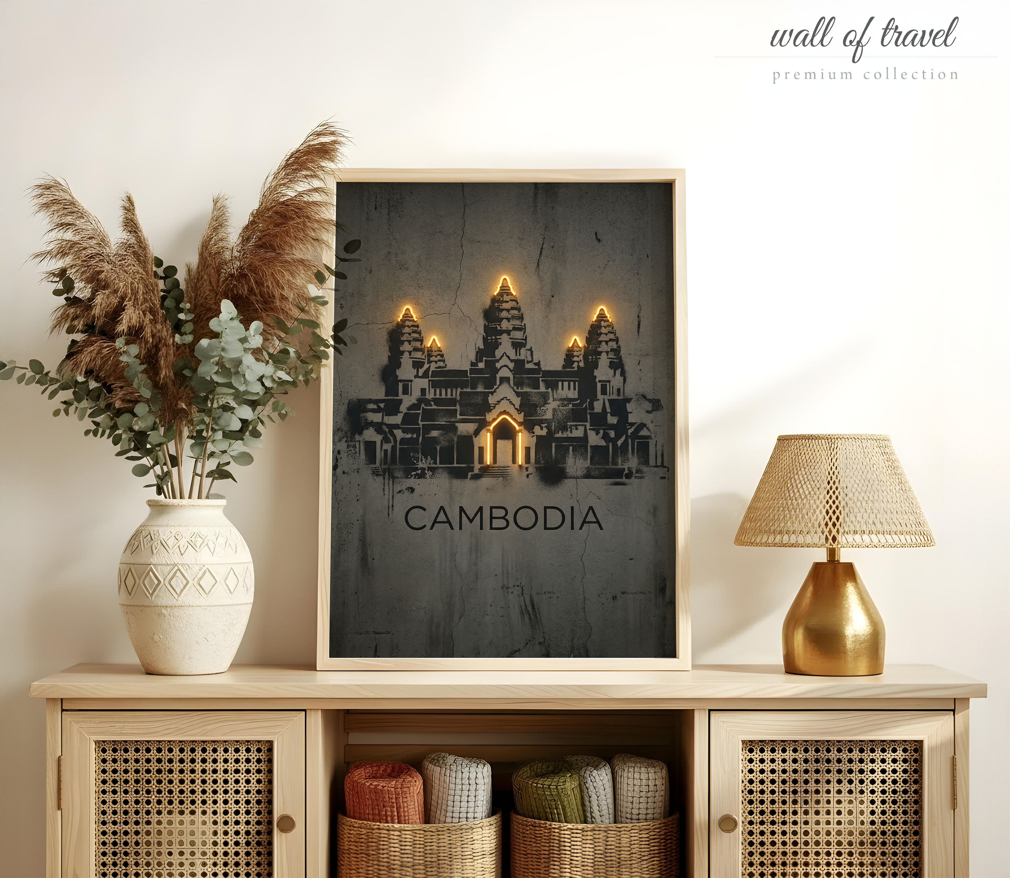 Siem Reap Cambodia Angkor Wat Art, Canvas or Poster, Neon Paint Splash Decor, Living Room Entryway Bedroom Wall Art, Black Gold Orange Grey