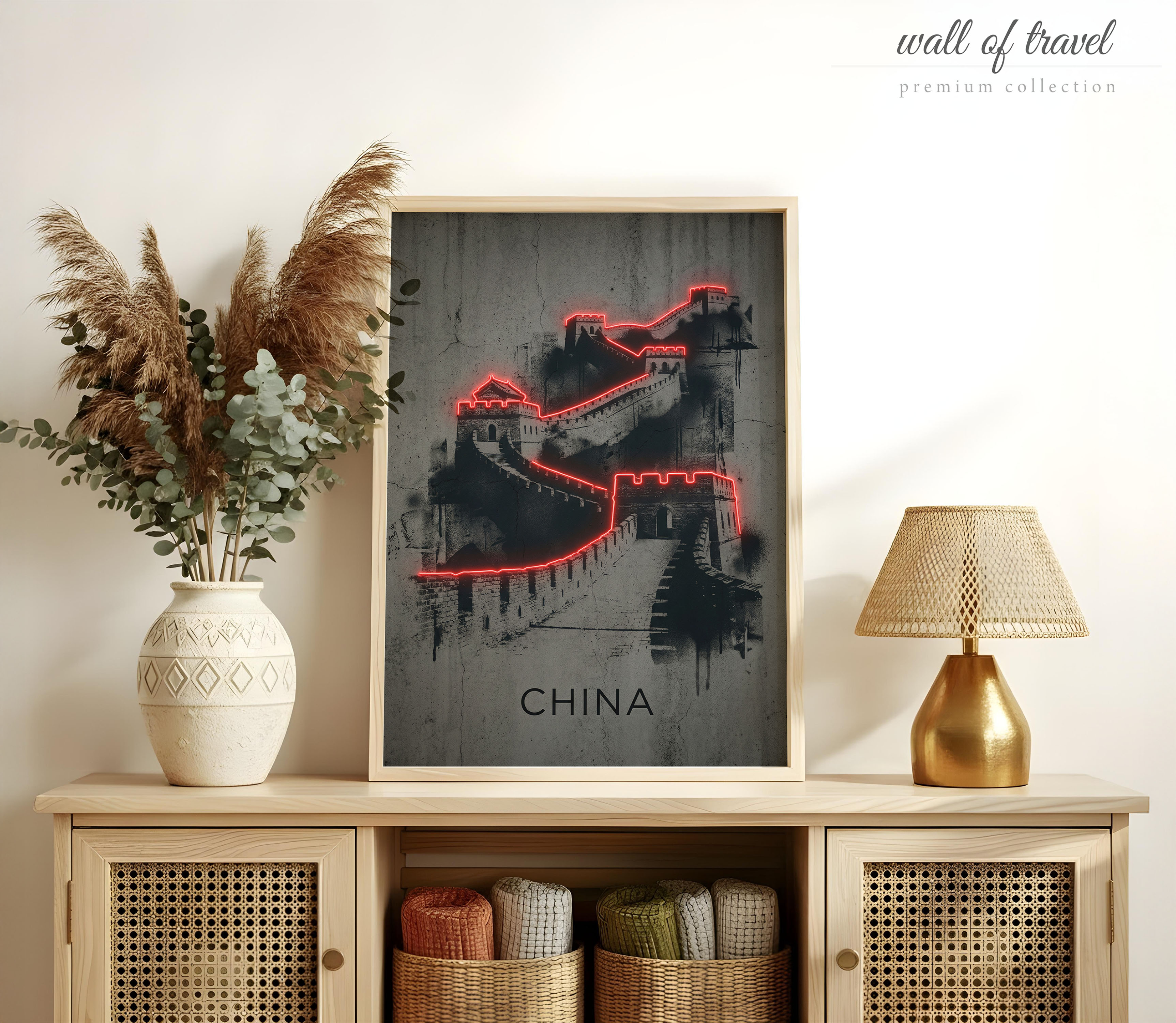 China Great Wall Art, Canvas or Poster, Neon Paint Splash Decor, Living Room Office Den Wall Art, Black Red Grey
