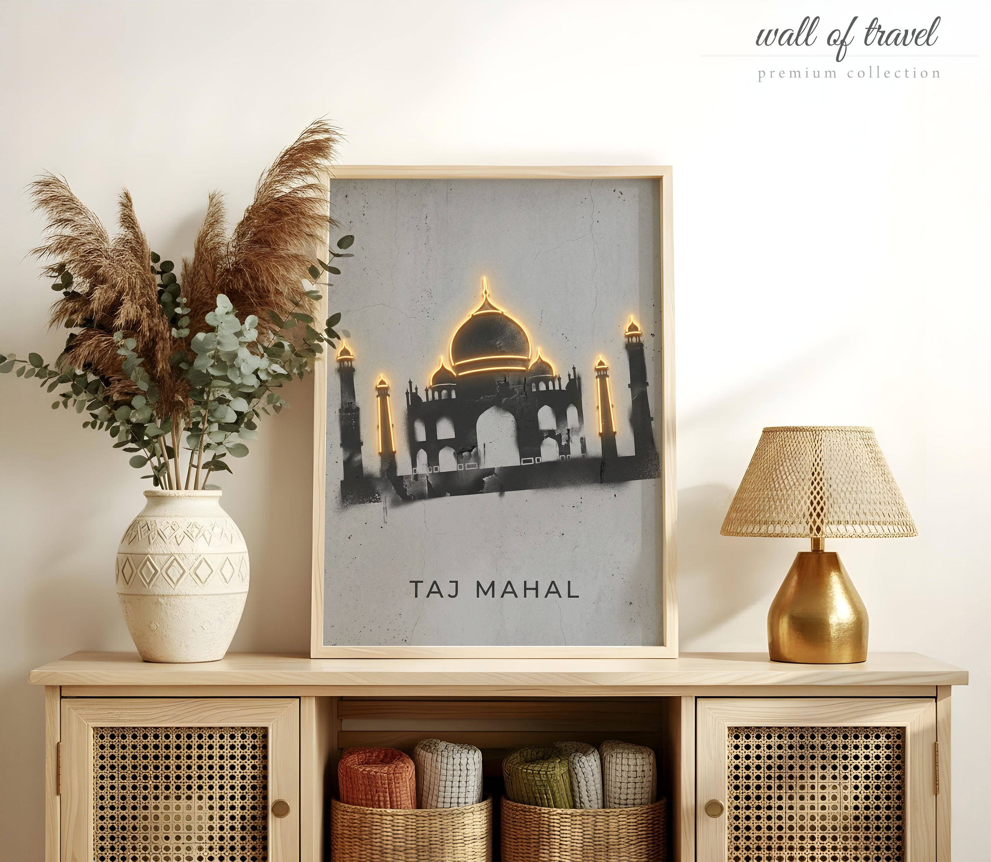 Agra Uttar Pradesh Taj Mahal Art, Canvas or Poster, Neon Paint Splash Decor, Living Room Bedroom Entryway Wall Art, Gold Black Grey White